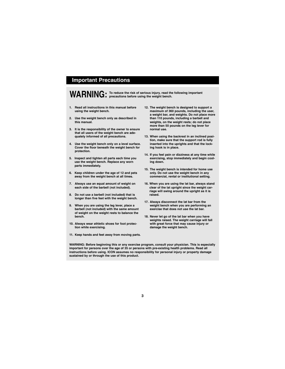 Warning, Important precautions | Weider WEBE11880 User Manual | Page 3 / 15