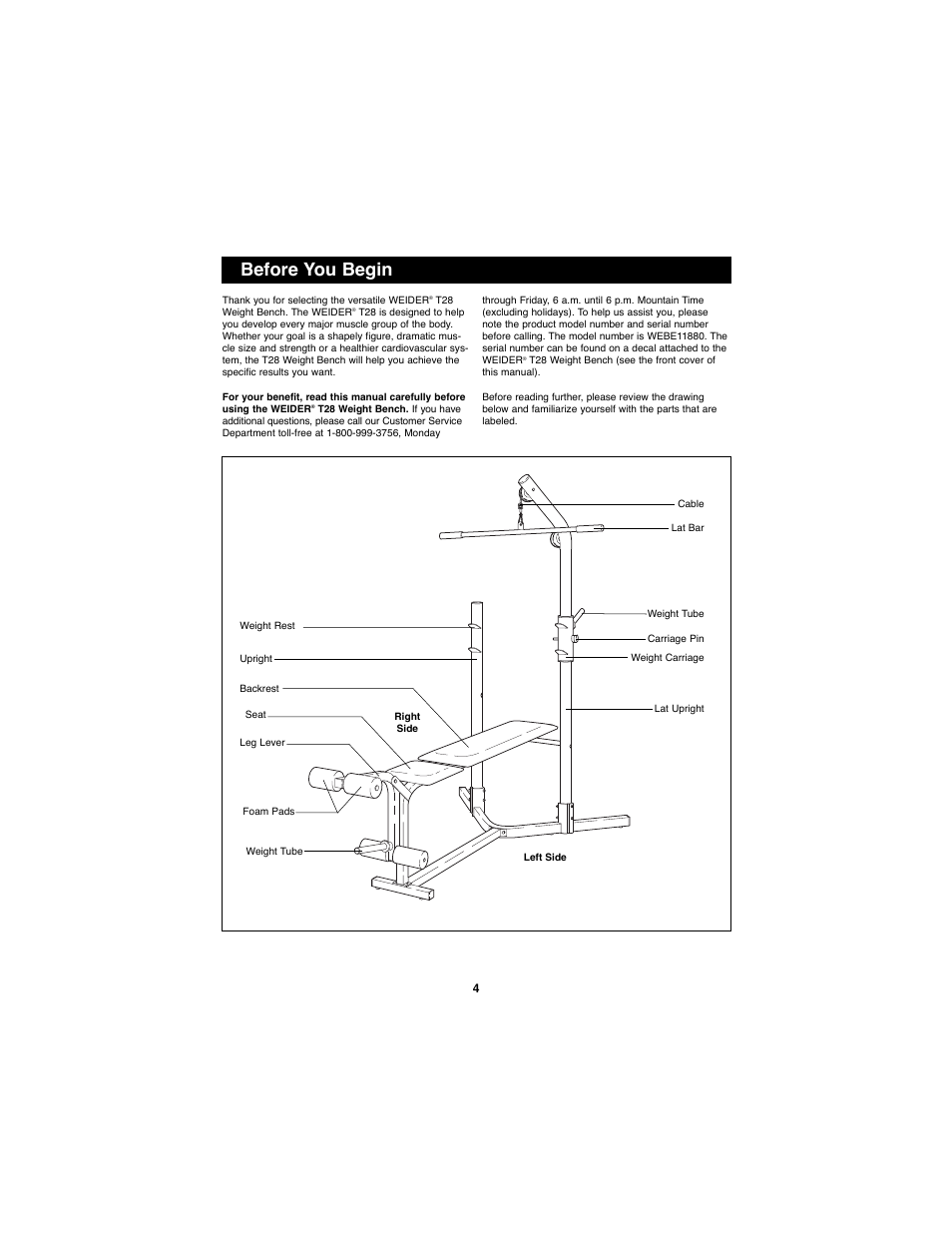 Before you begin | Weider WEBE11880 User Manual | Page 4 / 15