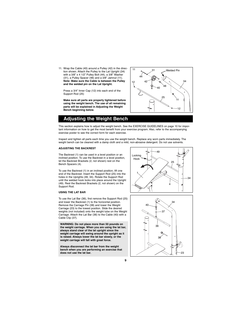 Adjusting the weight bench | Weider WEBE11880 User Manual | Page 9 / 15