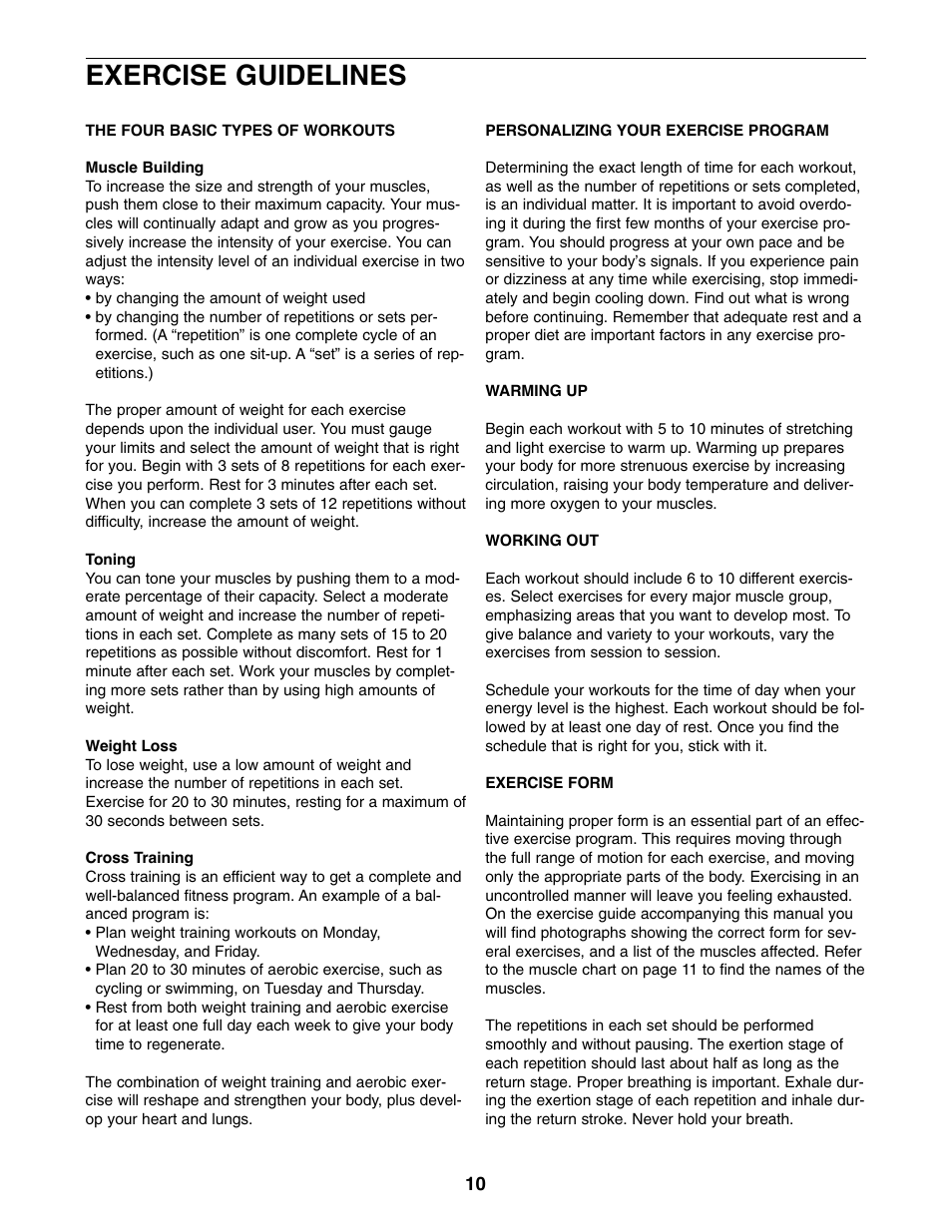 Exercise guidelines | Weider Pro XT 10 User Manual | Page 10 / 16