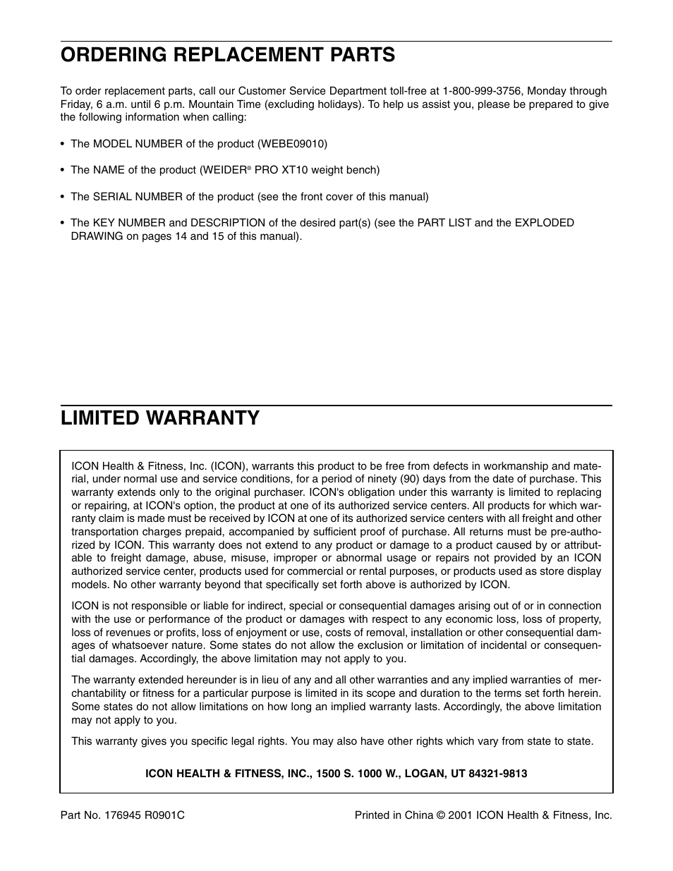 Limited warranty, Ordering replacement parts | Weider Pro XT 10 User Manual | Page 16 / 16
