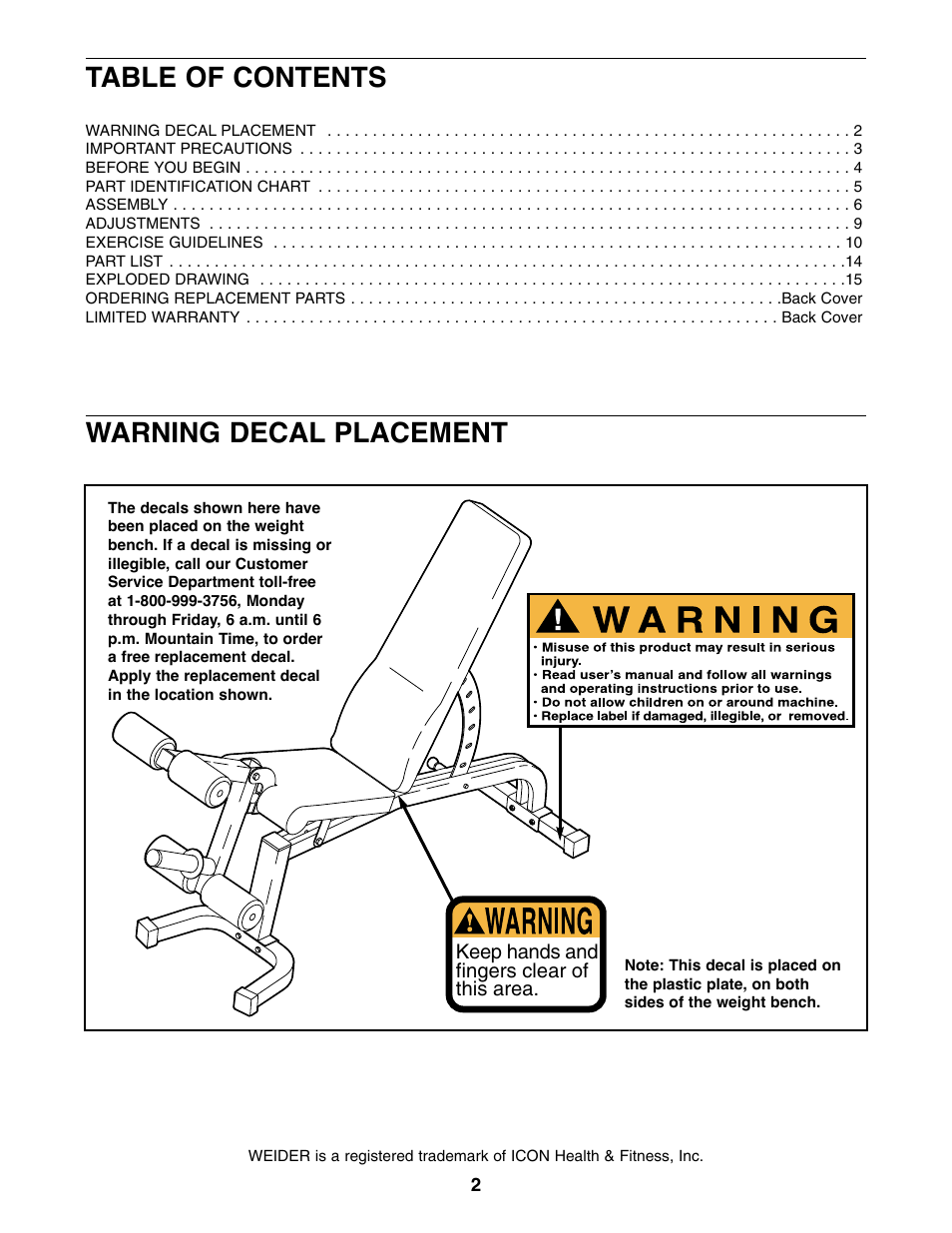 Weider Pro XT 10 User Manual | Page 2 / 16