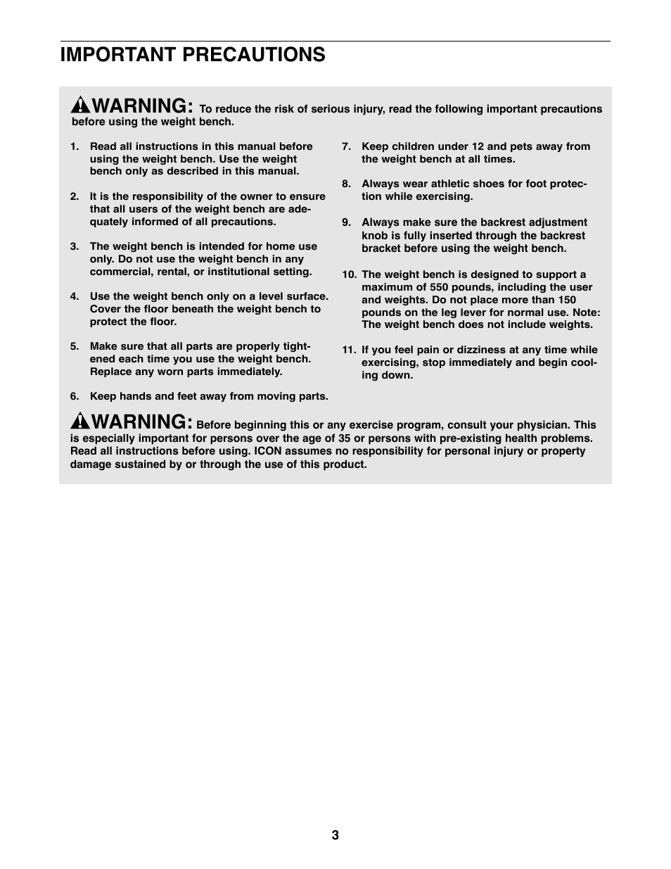 Warning, Important precautions | Weider Pro XT 10 User Manual | Page 3 / 16