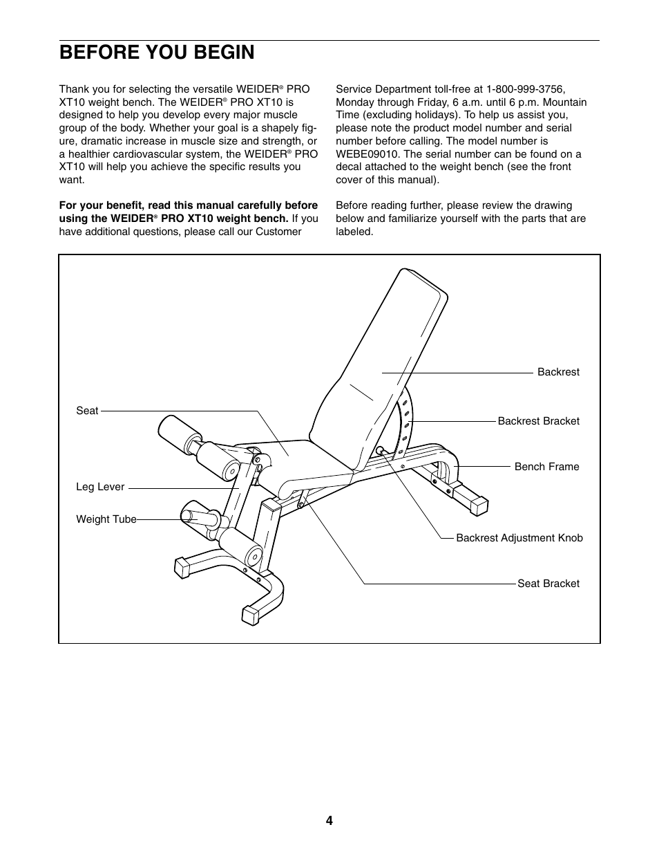Before you begin | Weider Pro XT 10 User Manual | Page 4 / 16