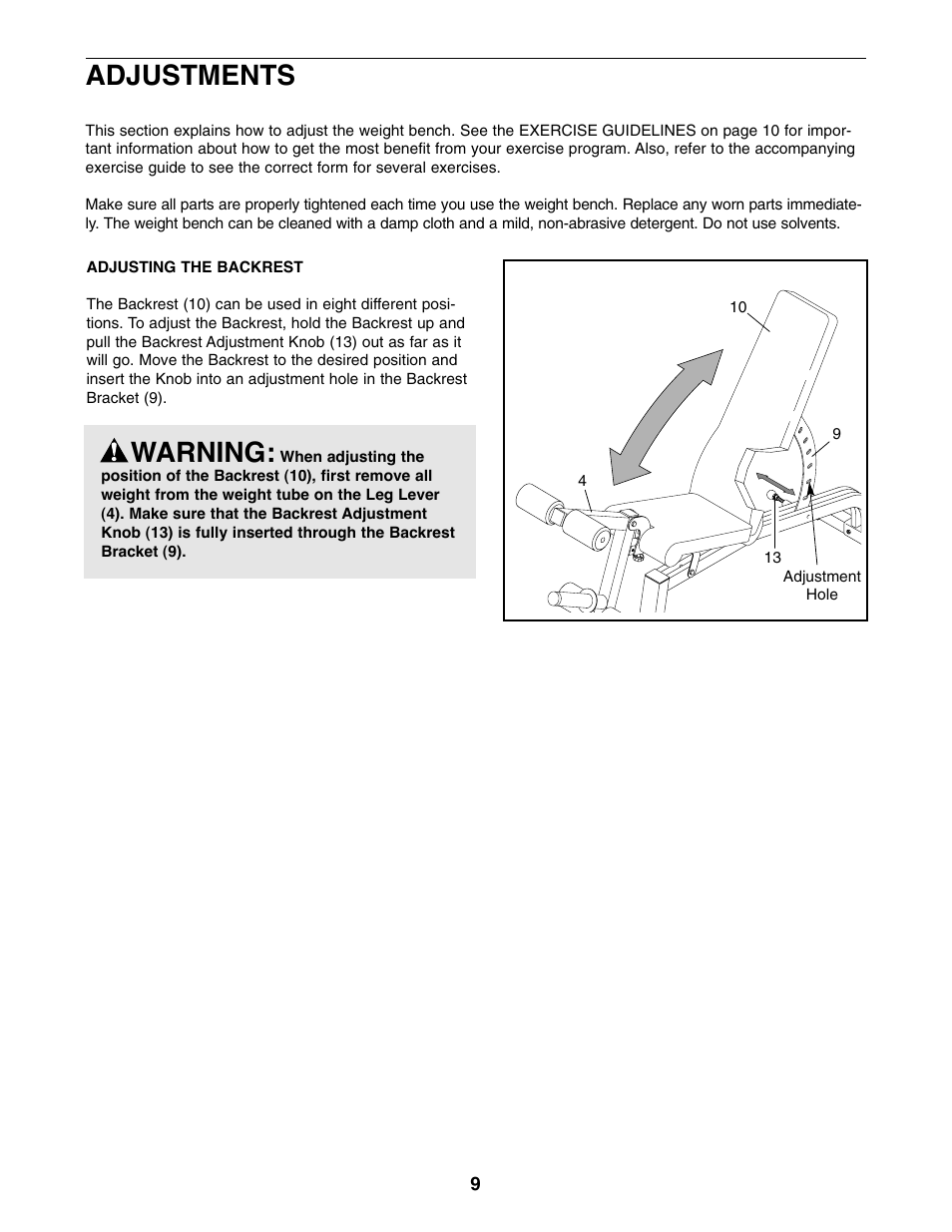 Adjustments warning | Weider Pro XT 10 User Manual | Page 9 / 16