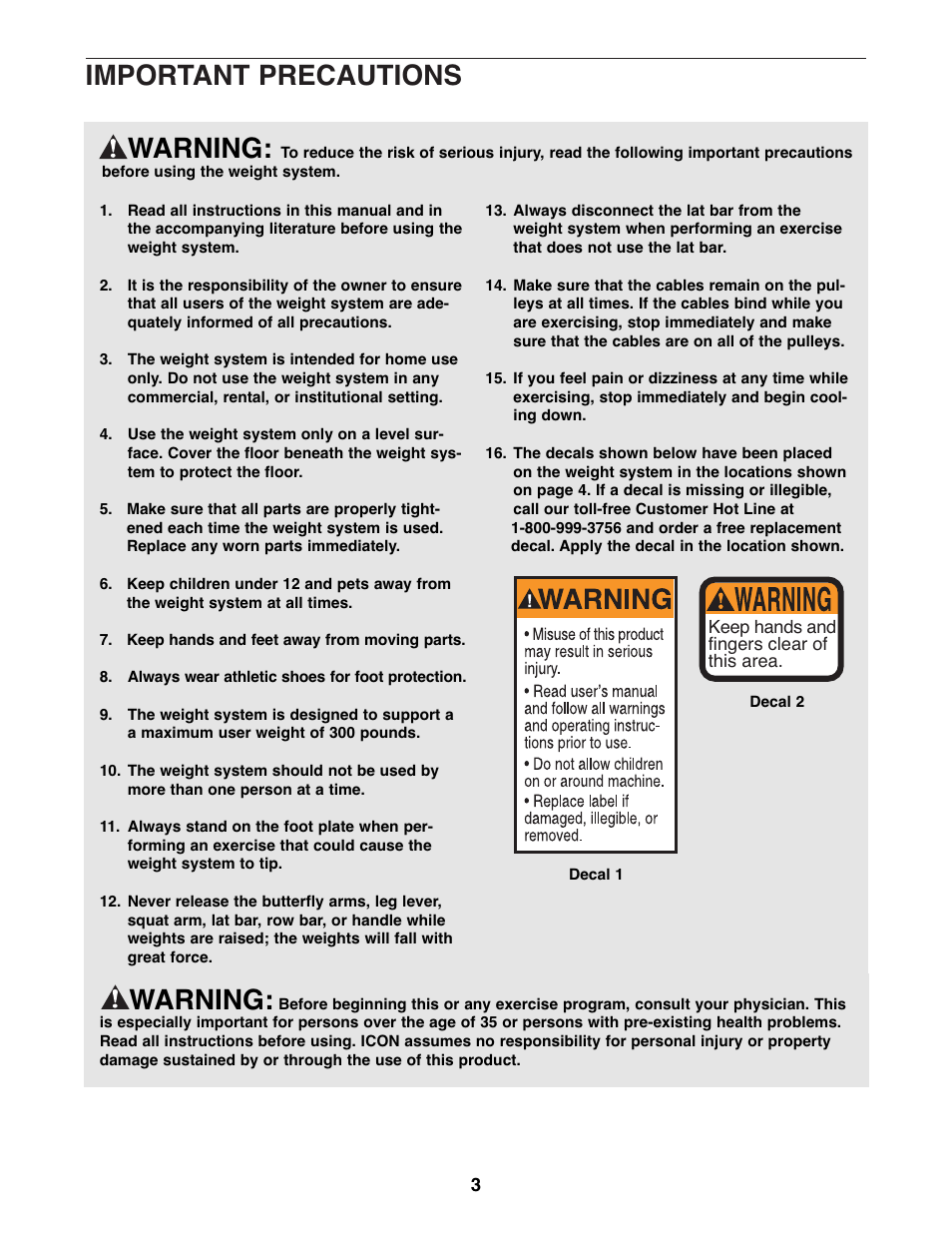 Important precautions, Warning | Weider WESY39523 User Manual | Page 3 / 35