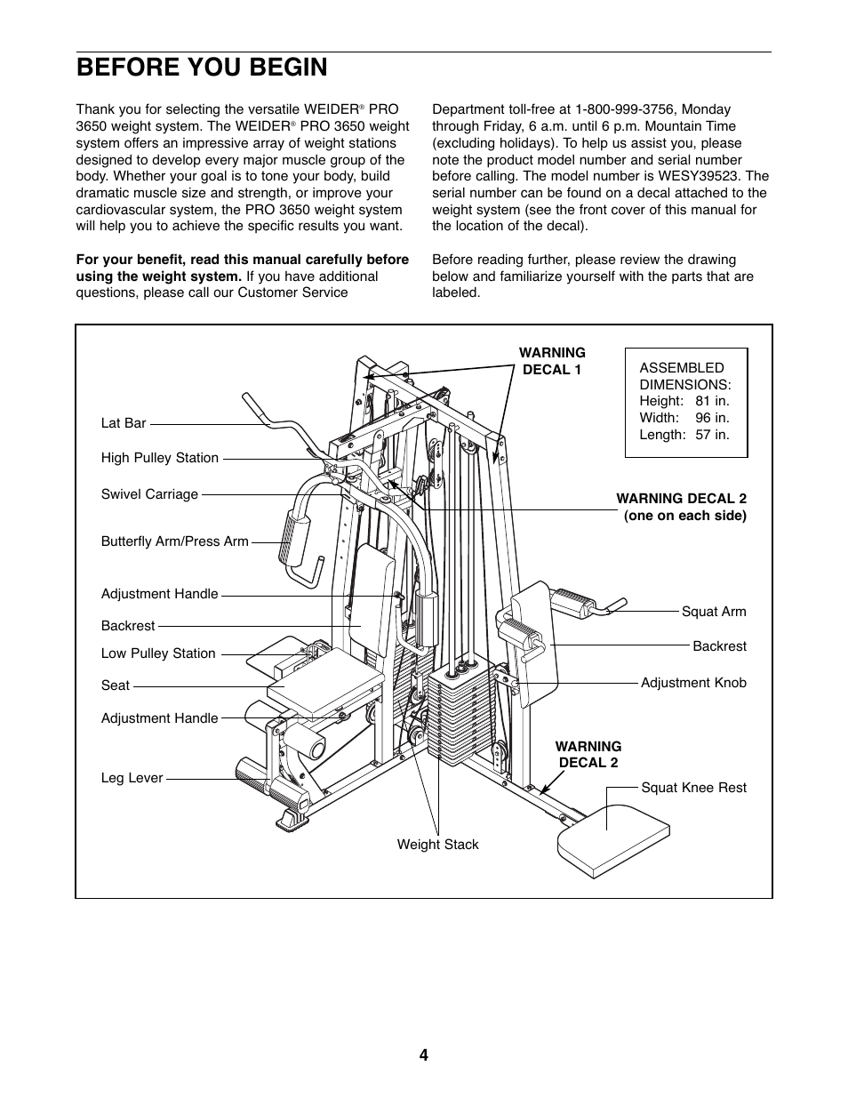 Before you begin | Weider WESY39523 User Manual | Page 4 / 35