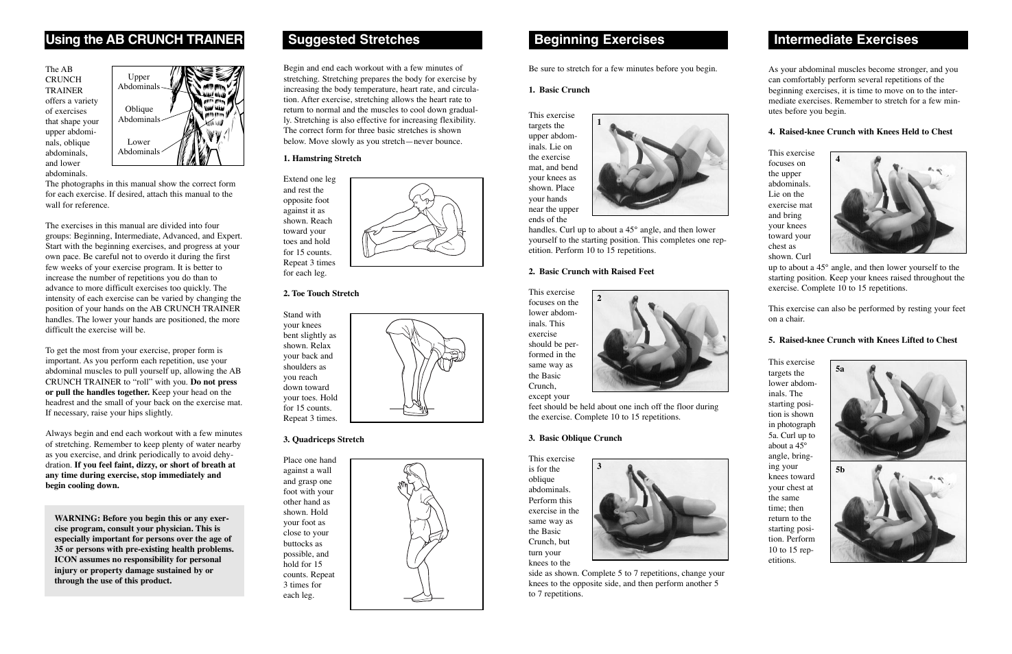 Using the ab crunch trainer, Suggested stretches, Beginning exercises | Intermediate exercises | Weider WEMC20063 User Manual | Page 3 / 4