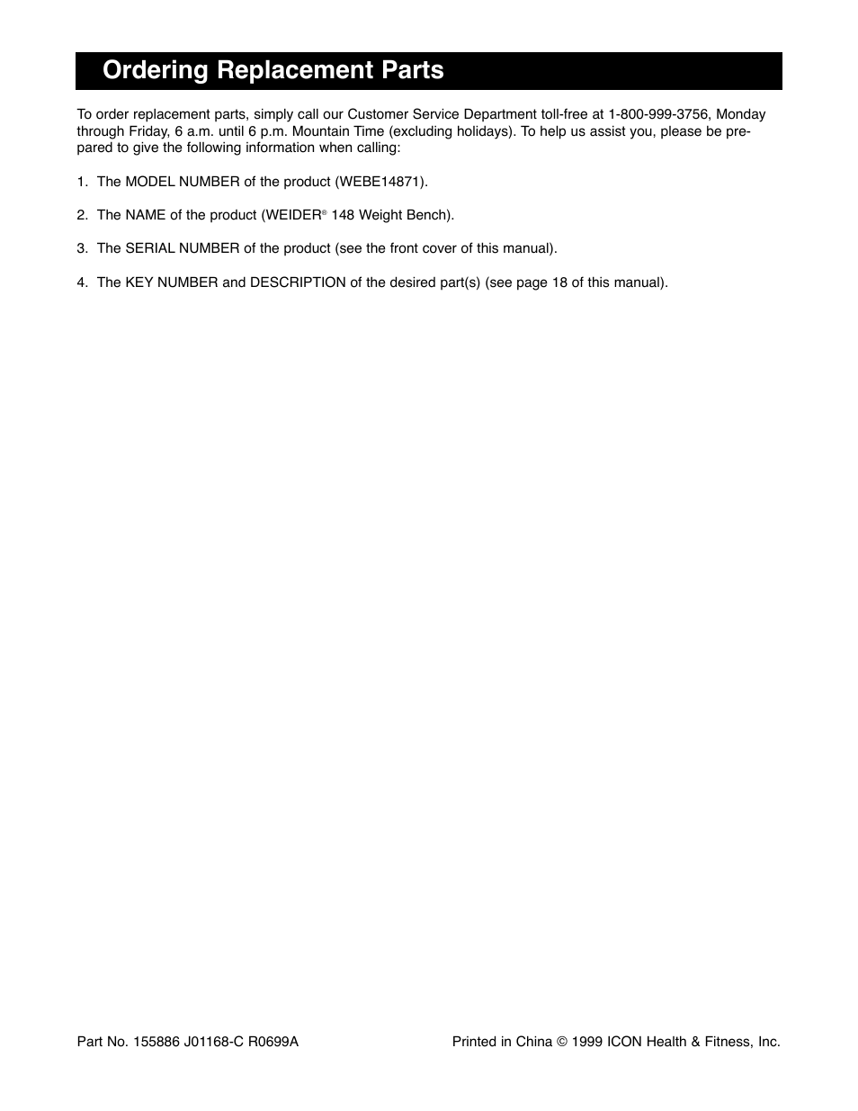Ordering replacement parts | Weider 148 User Manual | Page 20 / 20