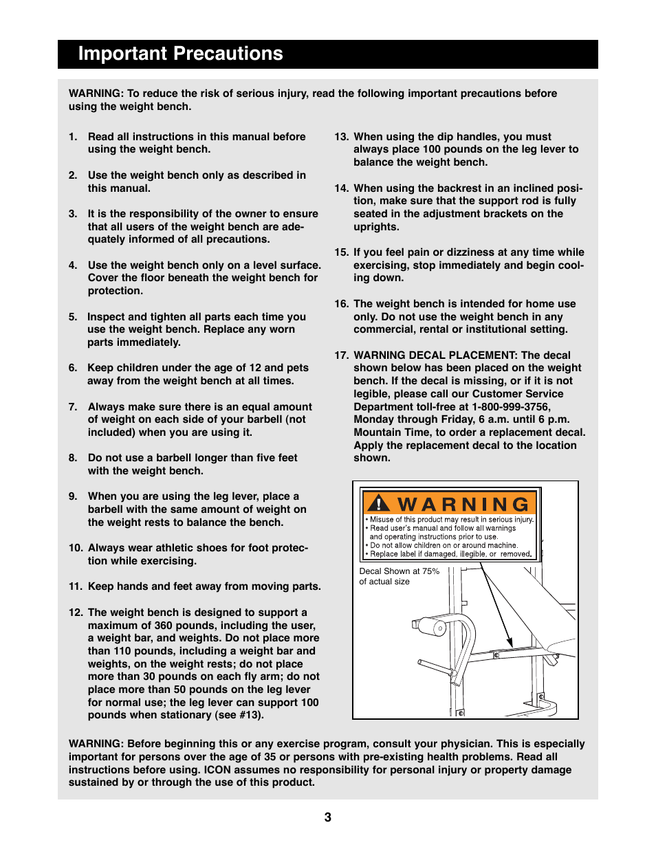 Important precautions | Weider 148 User Manual | Page 3 / 20