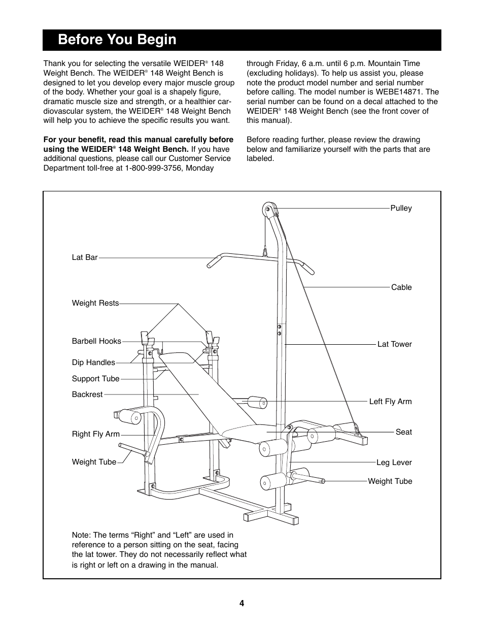 Before you begin | Weider 148 User Manual | Page 4 / 20