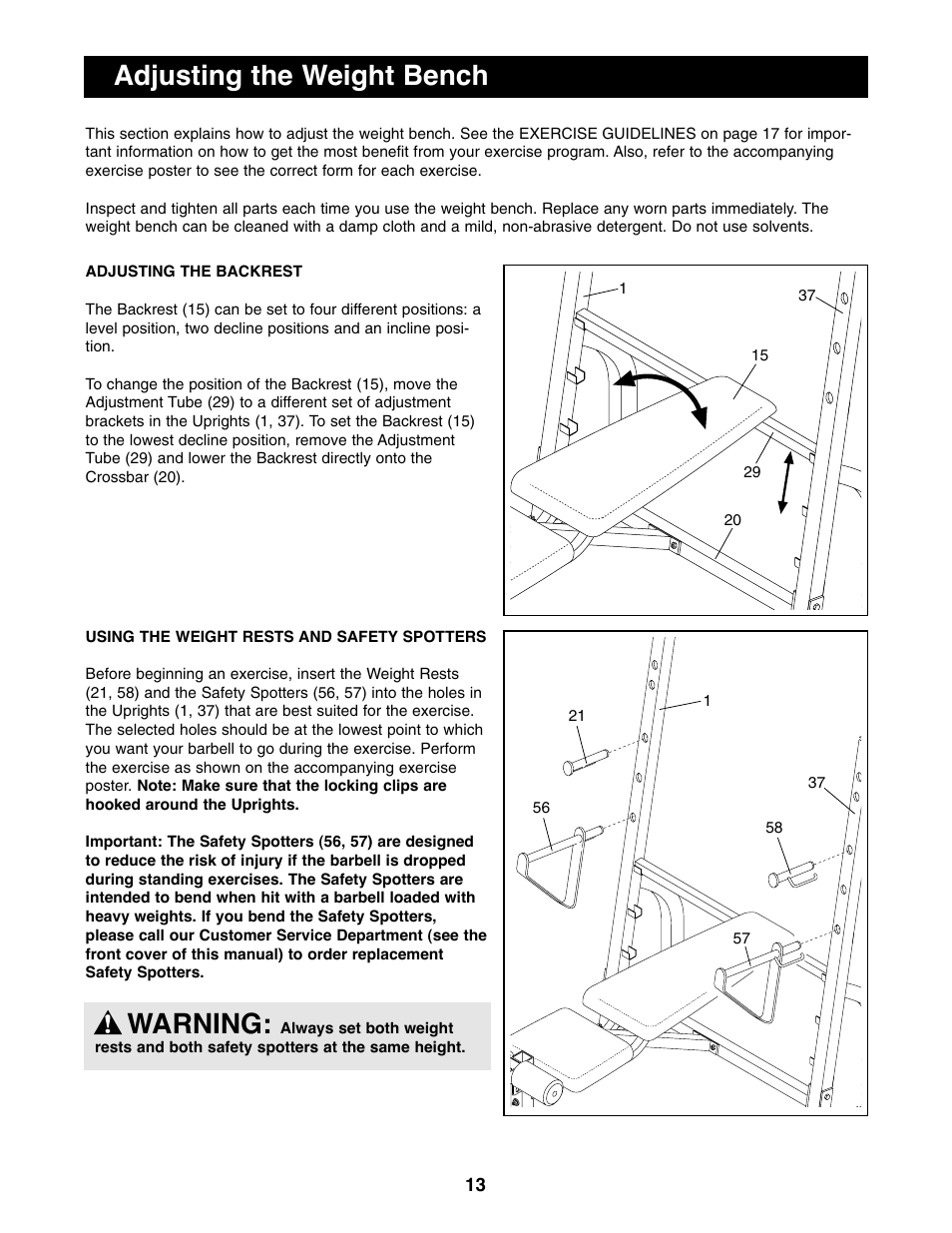 Warning, Adjusting the weight bench | Weider WEBE44490 User Manual | Page 13 / 22