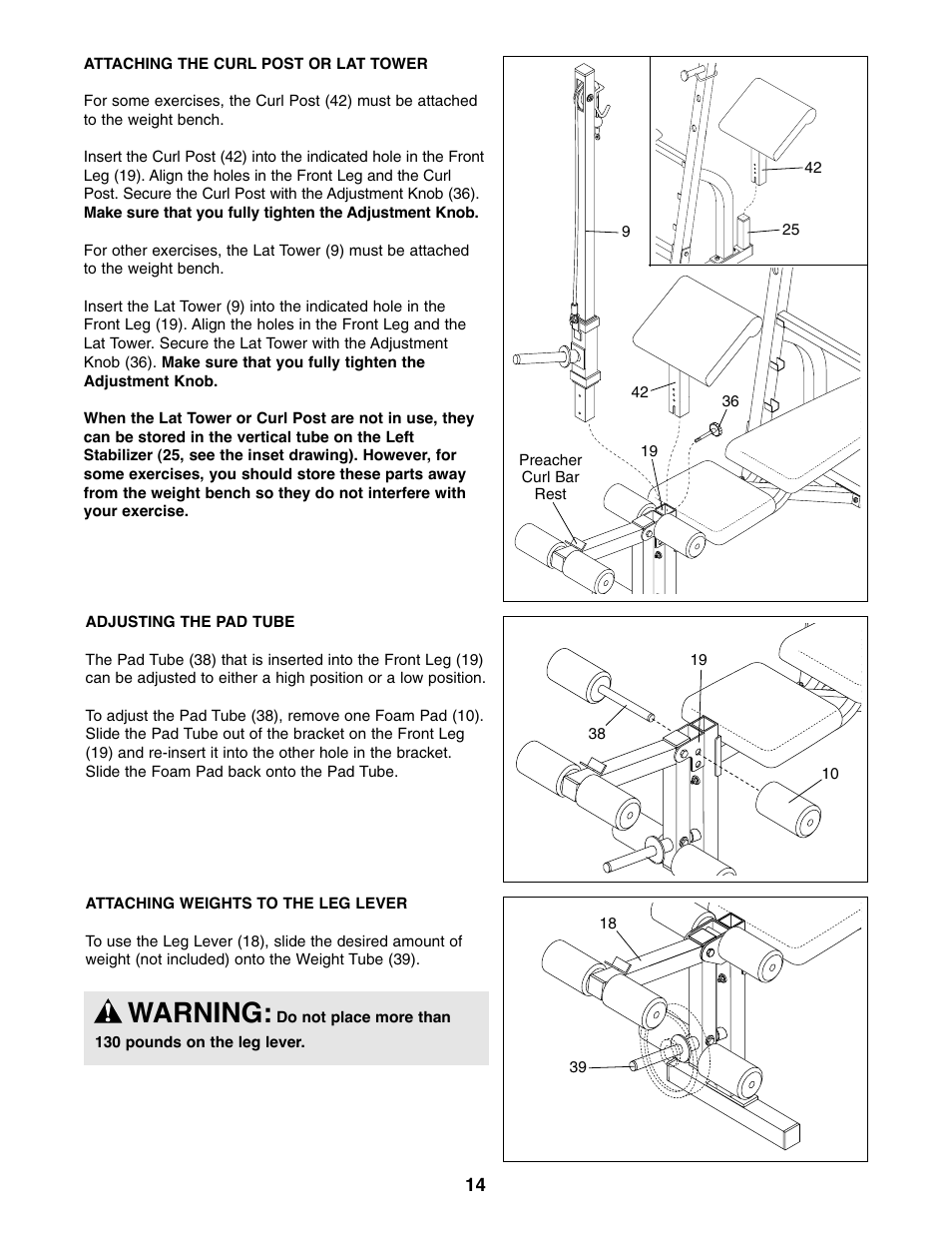 Warning | Weider WEBE44490 User Manual | Page 14 / 22
