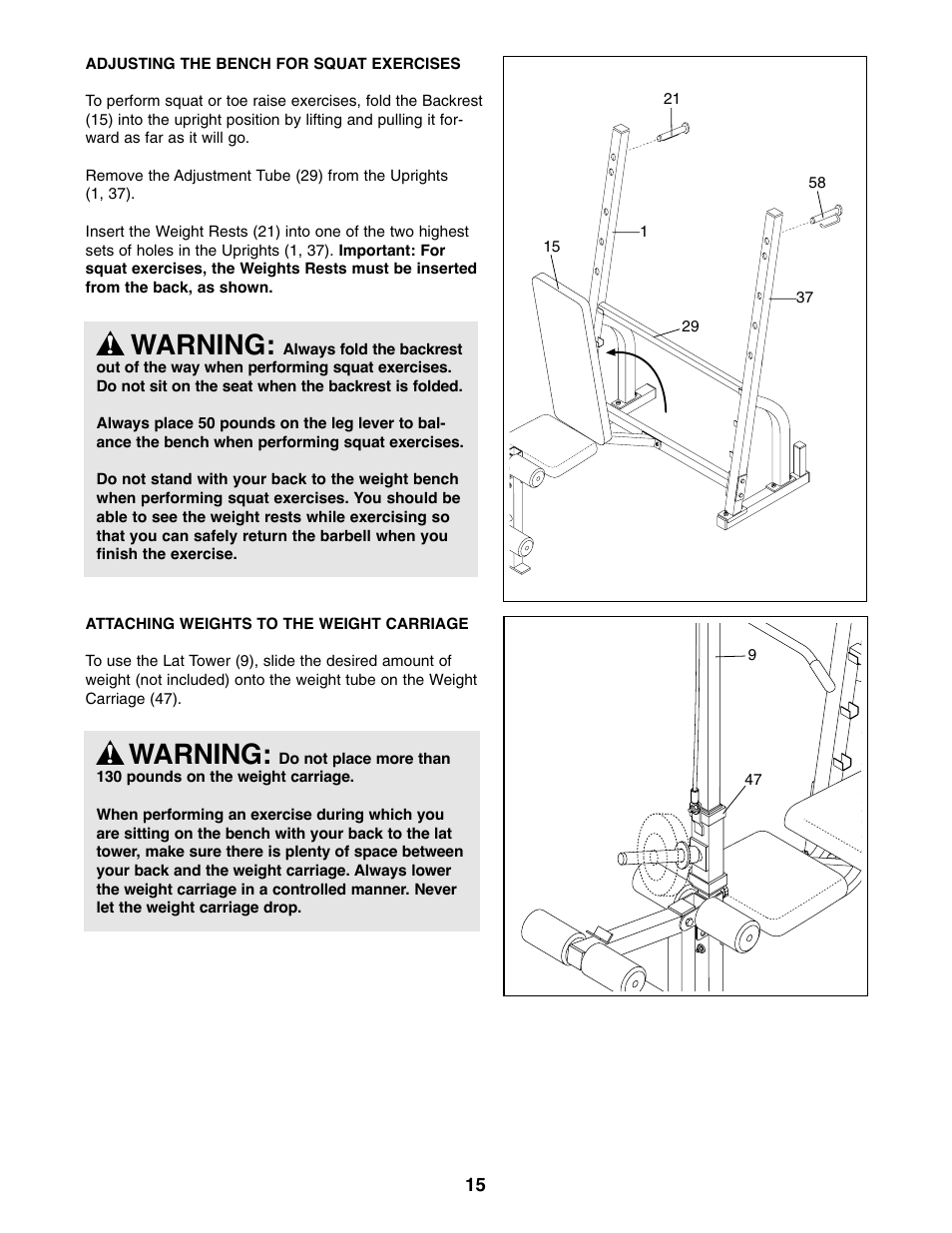 Warning | Weider WEBE44490 User Manual | Page 15 / 22