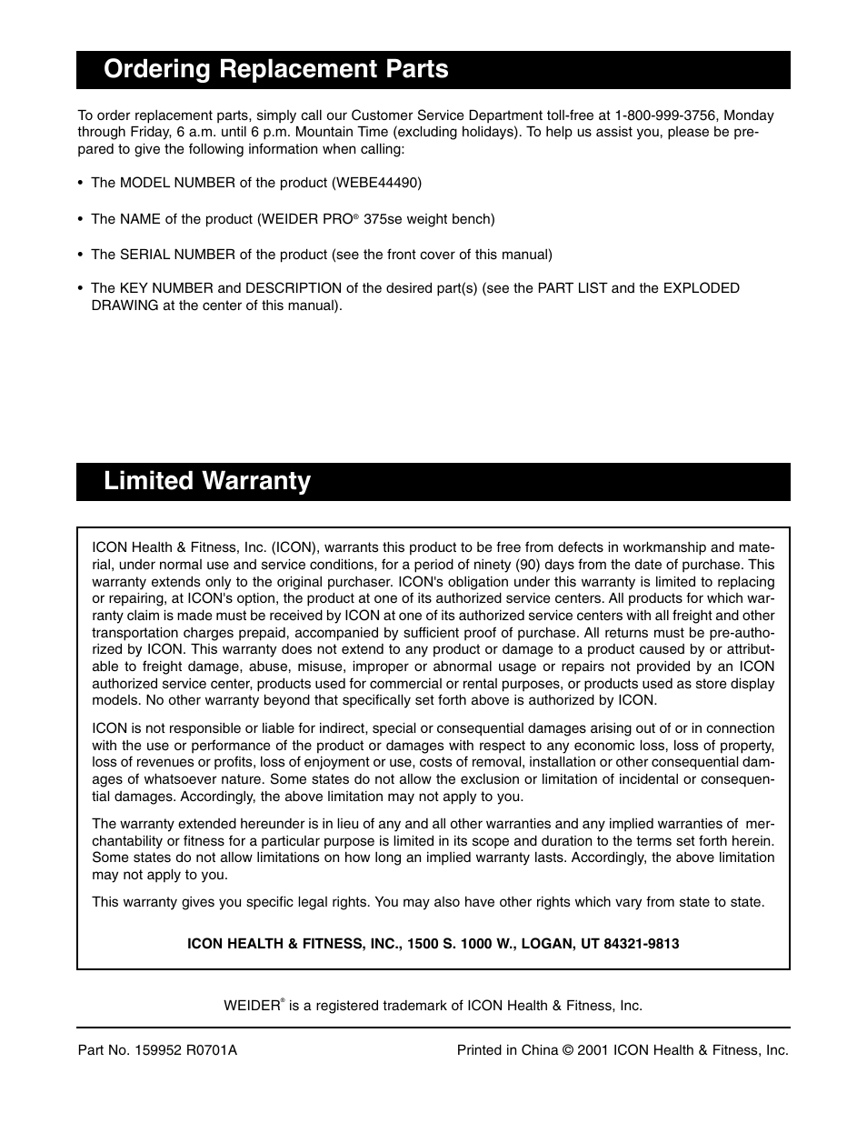 Ordering replacement parts, Limited warranty | Weider WEBE44490 User Manual | Page 22 / 22