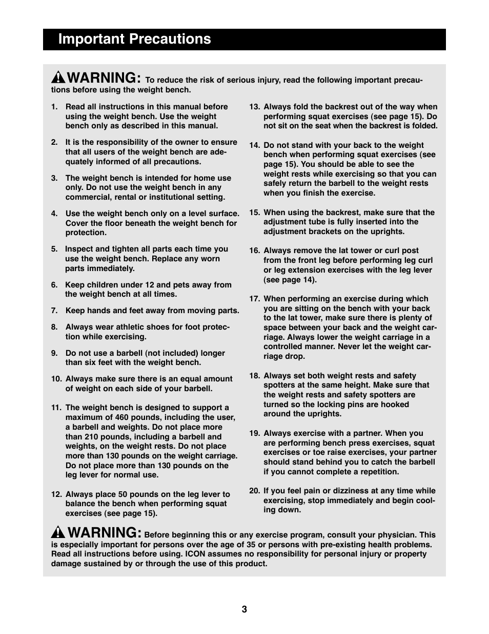Warning, Important precautions | Weider WEBE44490 User Manual | Page 3 / 22