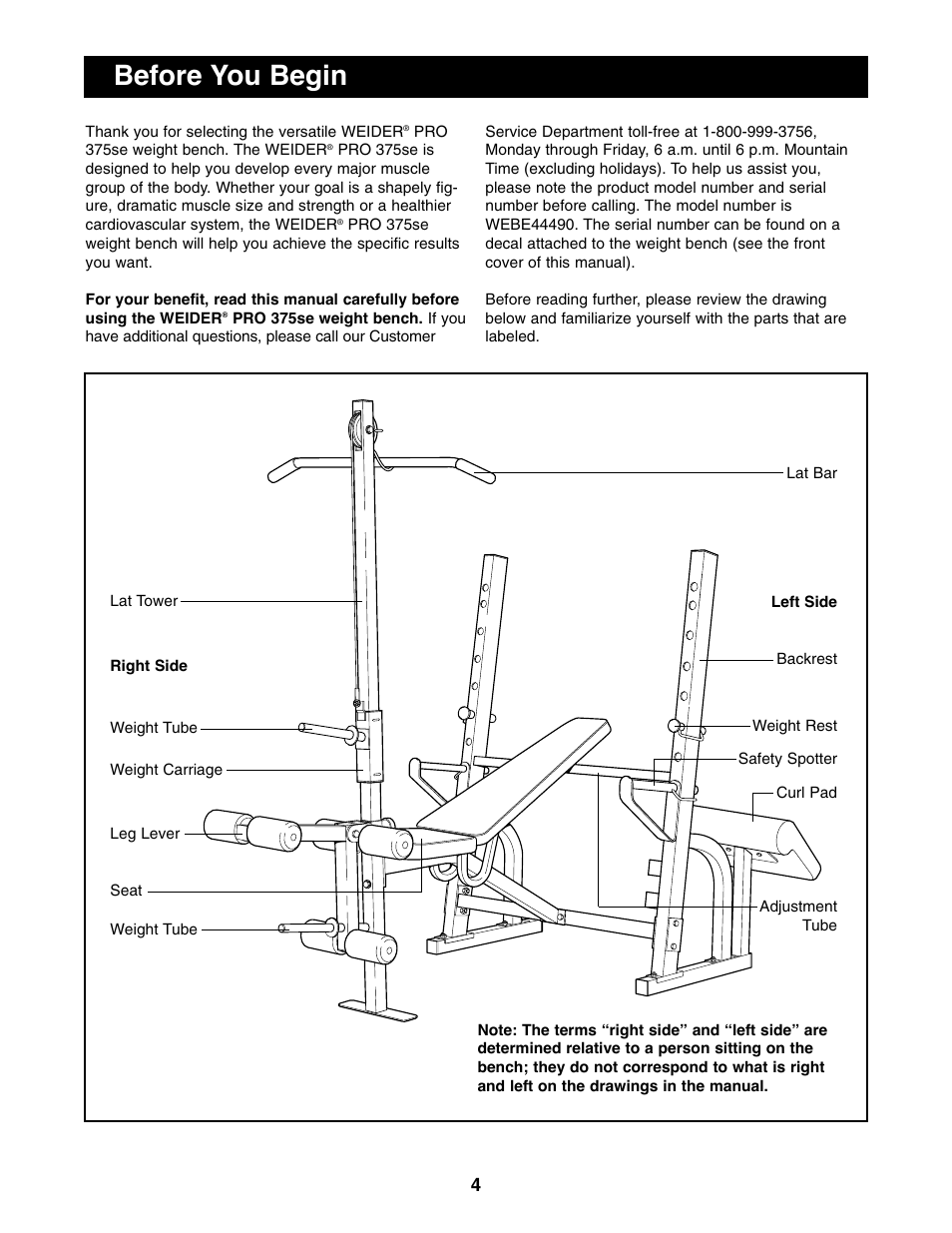 Before you begin | Weider WEBE44490 User Manual | Page 4 / 22