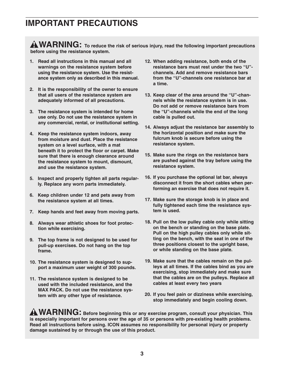 Warning, Important precautions | Weider WESY5993.3 User Manual | Page 3 / 24