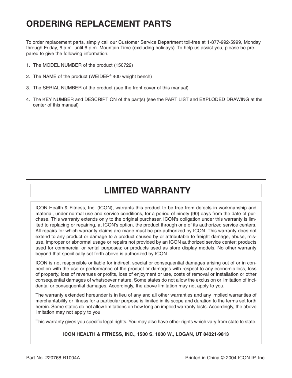 Limited warranty, Ordering replacement parts | Weider 150722 User Manual | Page 15 / 15