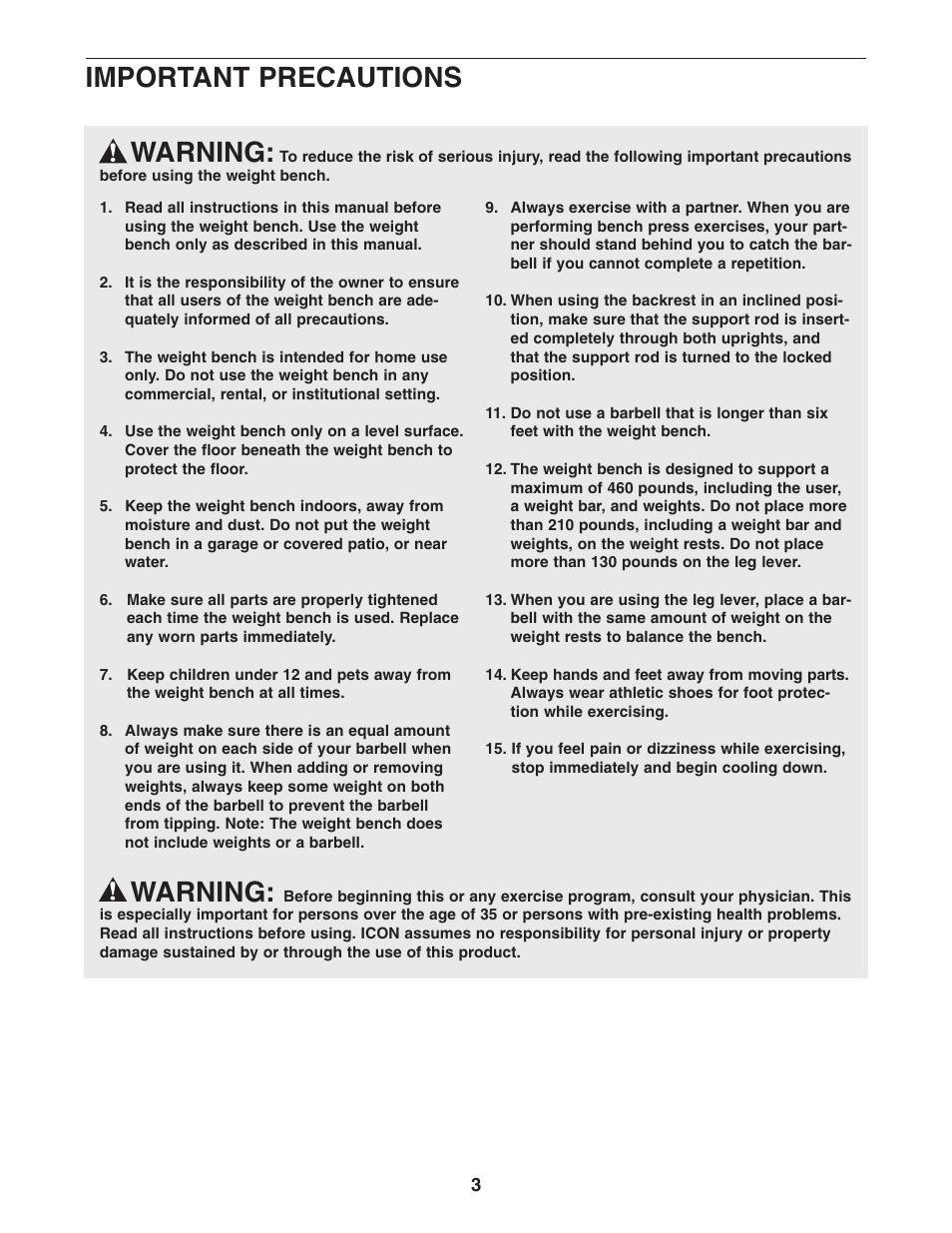 Warning, Important precautions | Weider 150722 User Manual | Page 3 / 15