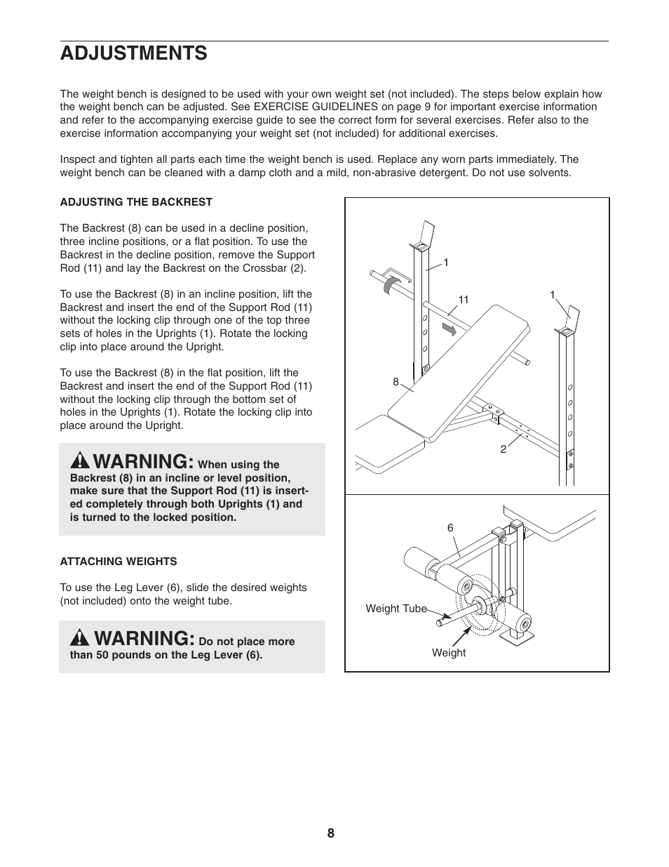 Warning, Adjustments | Weider 150722 User Manual | Page 8 / 15