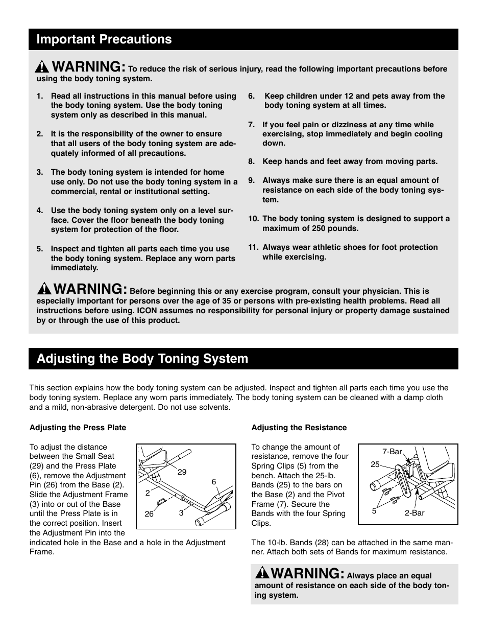 Warning | Weider WEBE09910 User Manual | Page 2 / 8