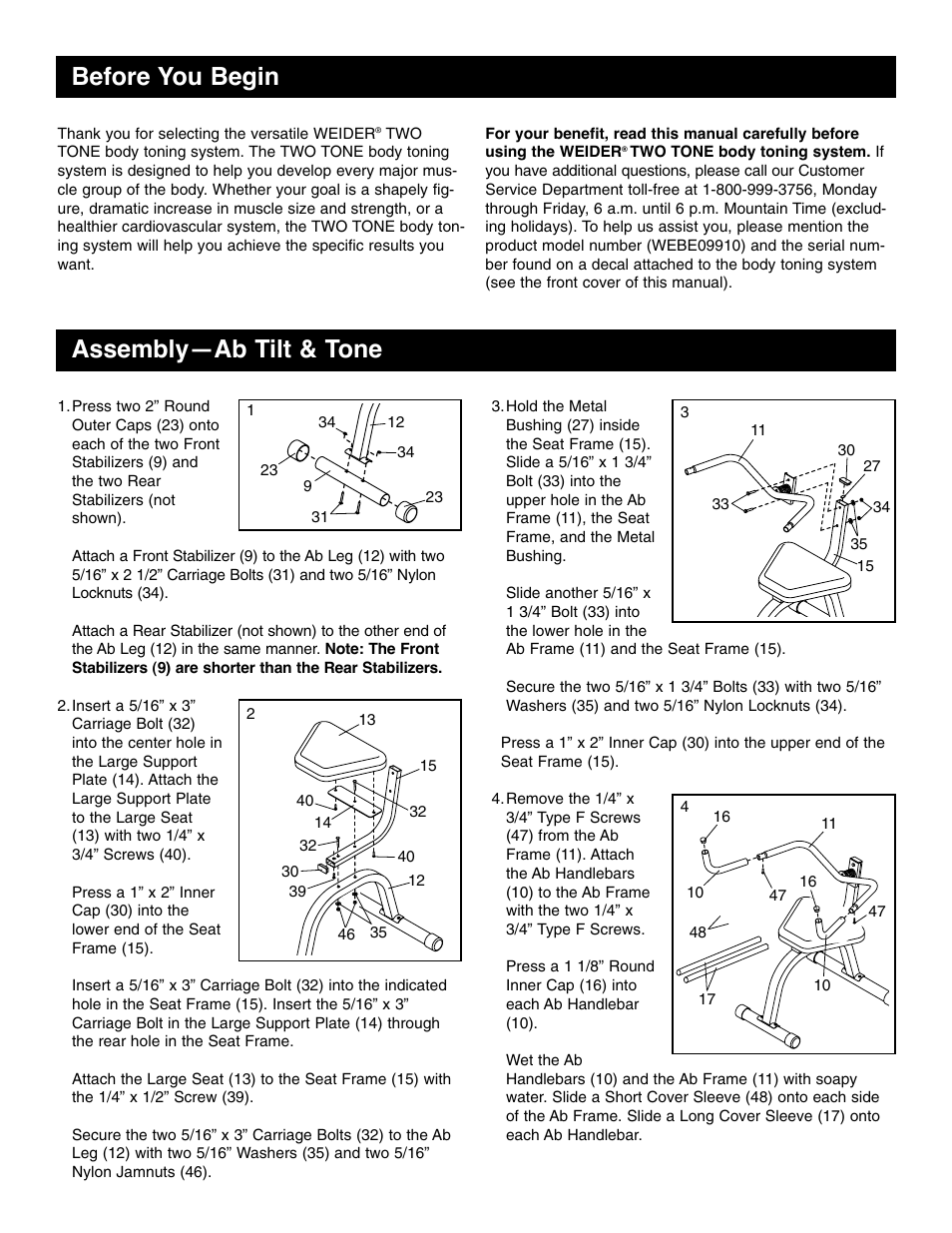 Before you begin assembly—ab tilt & tone | Weider WEBE09910 User Manual | Page 3 / 8
