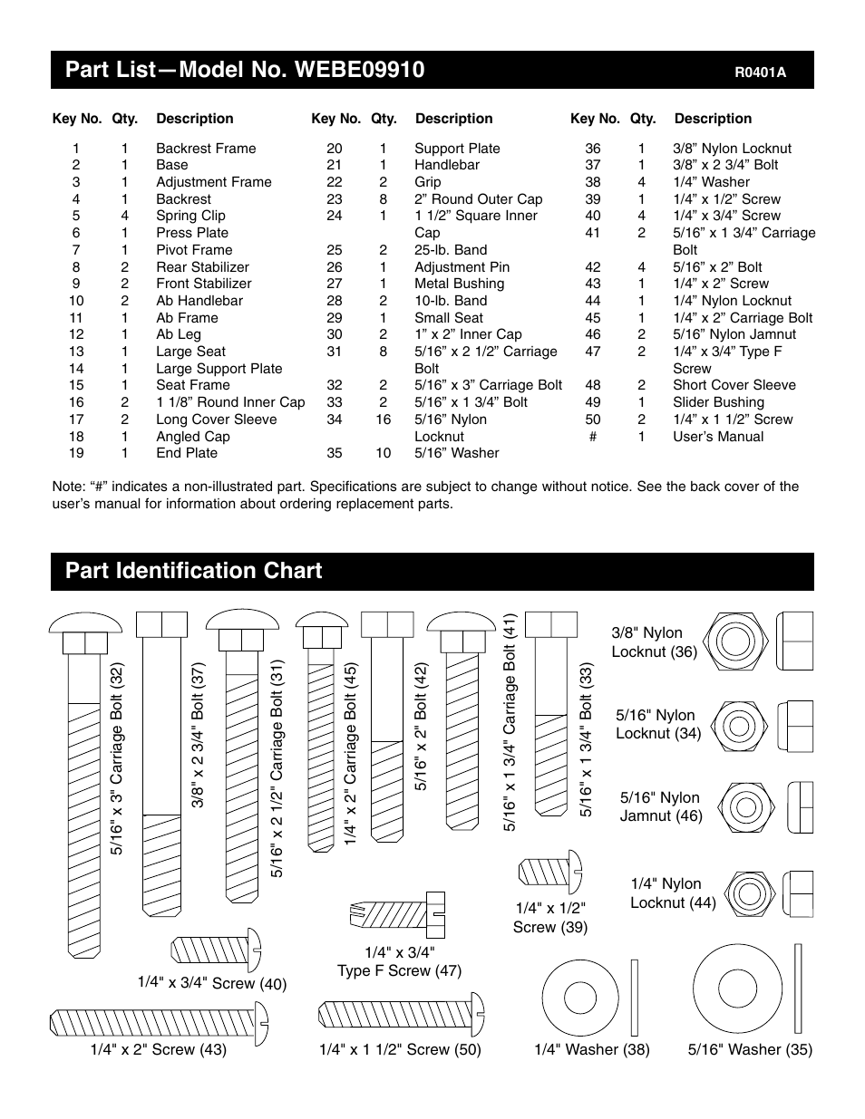 Part identification chart | Weider WEBE09910 User Manual | Page 6 / 8