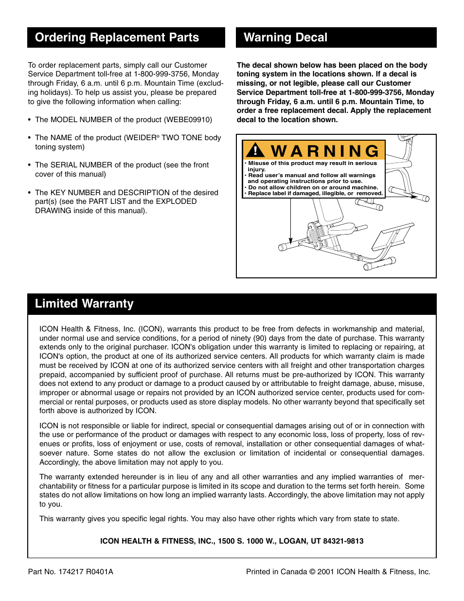 Weider WEBE09910 User Manual | Page 8 / 8