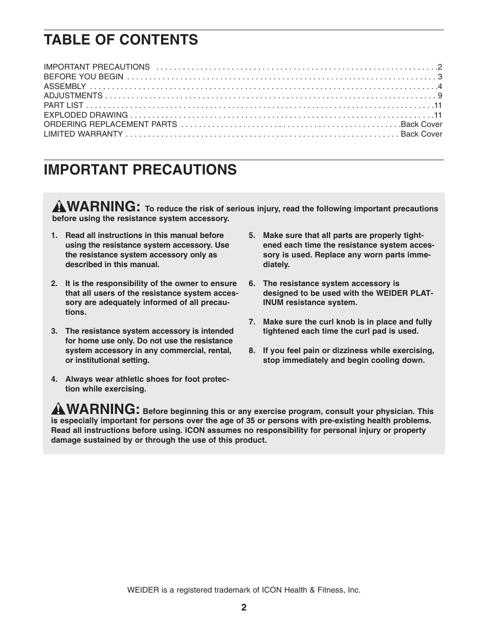 Weider WEMC07730 User Manual | Page 2 / 12