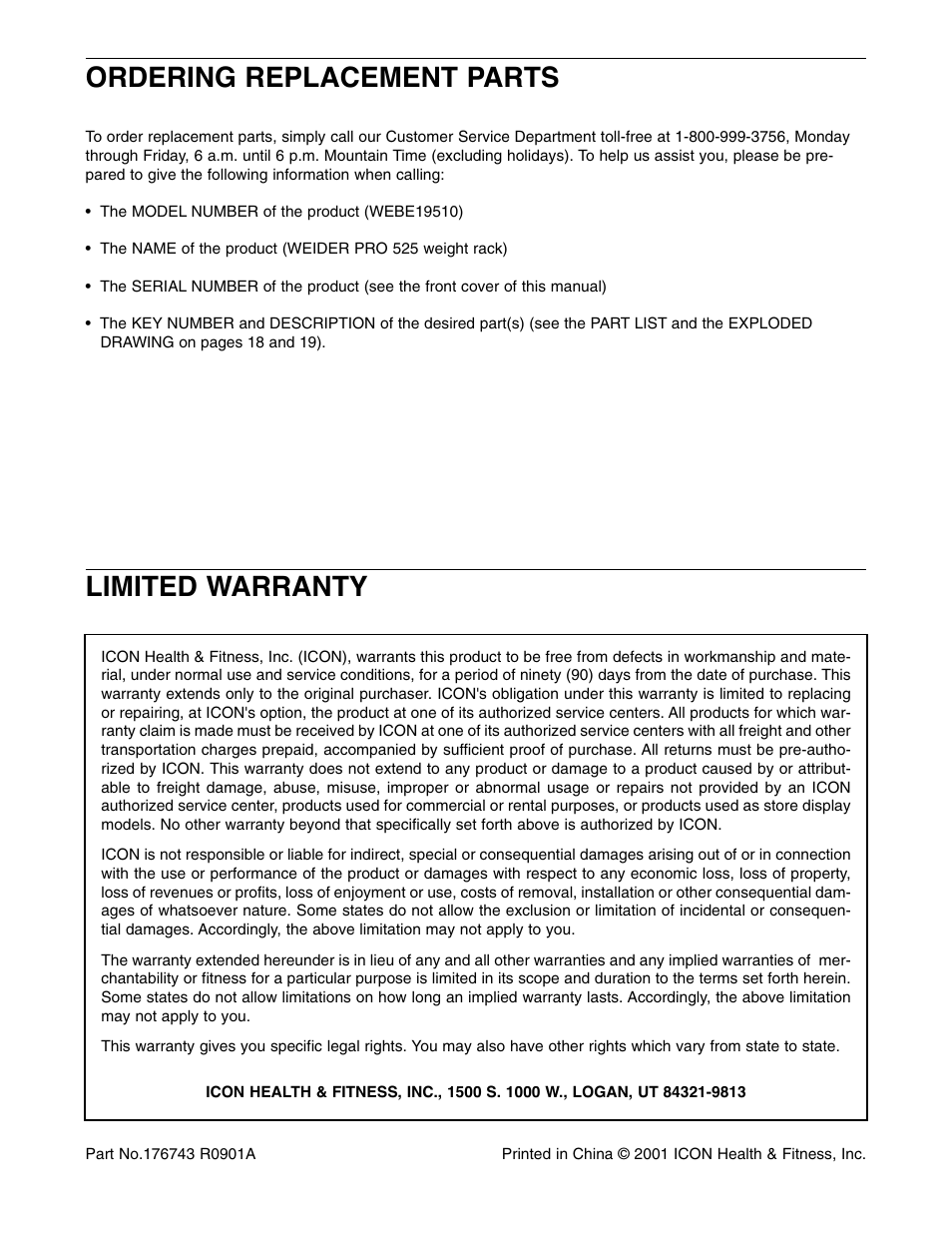 Limited warranty, Ordering replacement parts | Weider WEBE19510 User Manual | Page 20 / 20