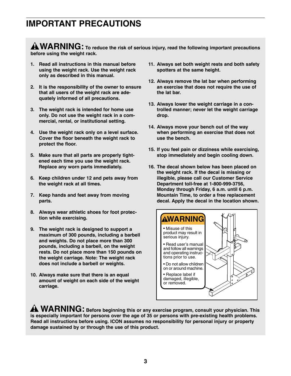 Warning, Important precautions | Weider WEBE19510 User Manual | Page 3 / 20