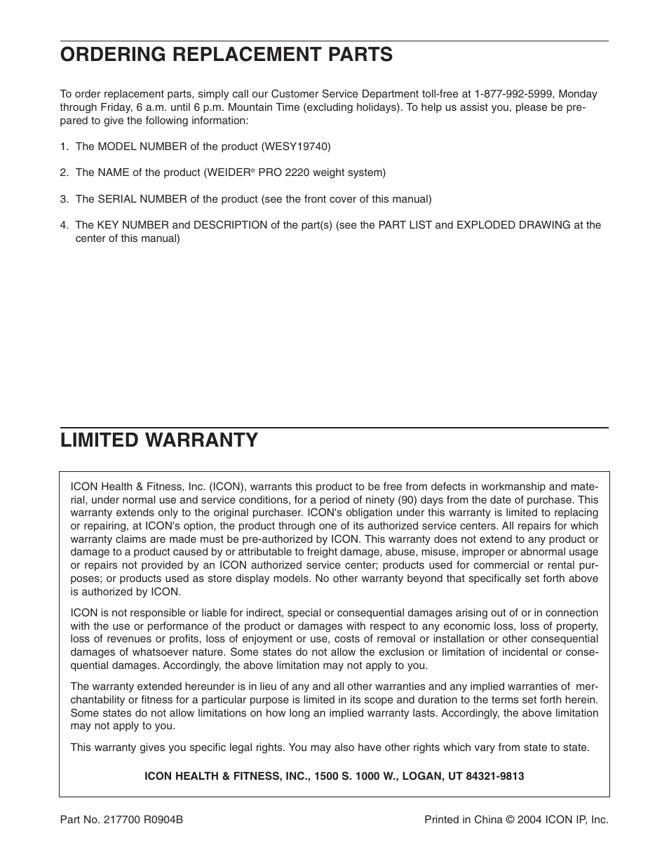 Limited warranty, Ordering replacement parts | Weider WESY19740 User Manual | Page 28 / 28