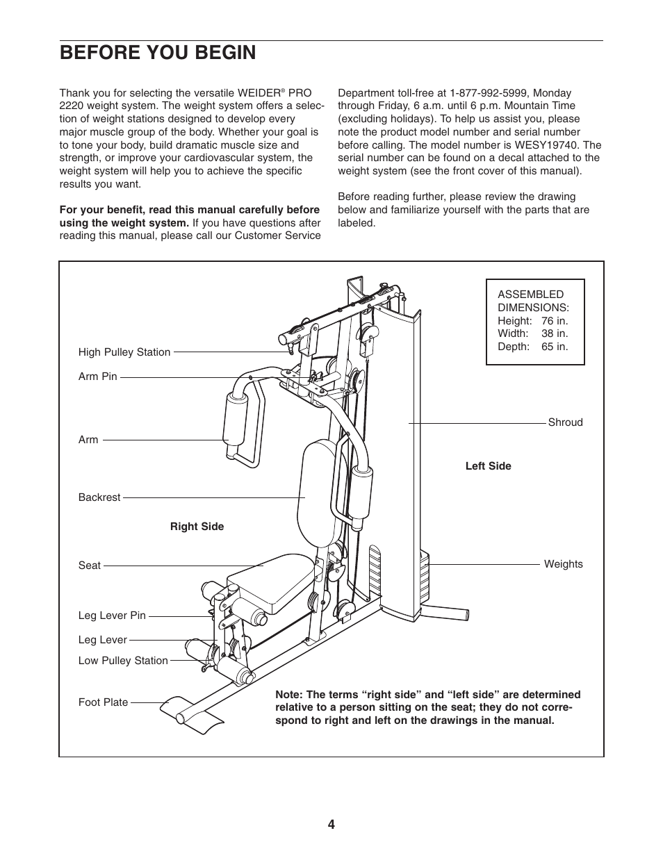 Before you begin | Weider WESY19740 User Manual | Page 4 / 28