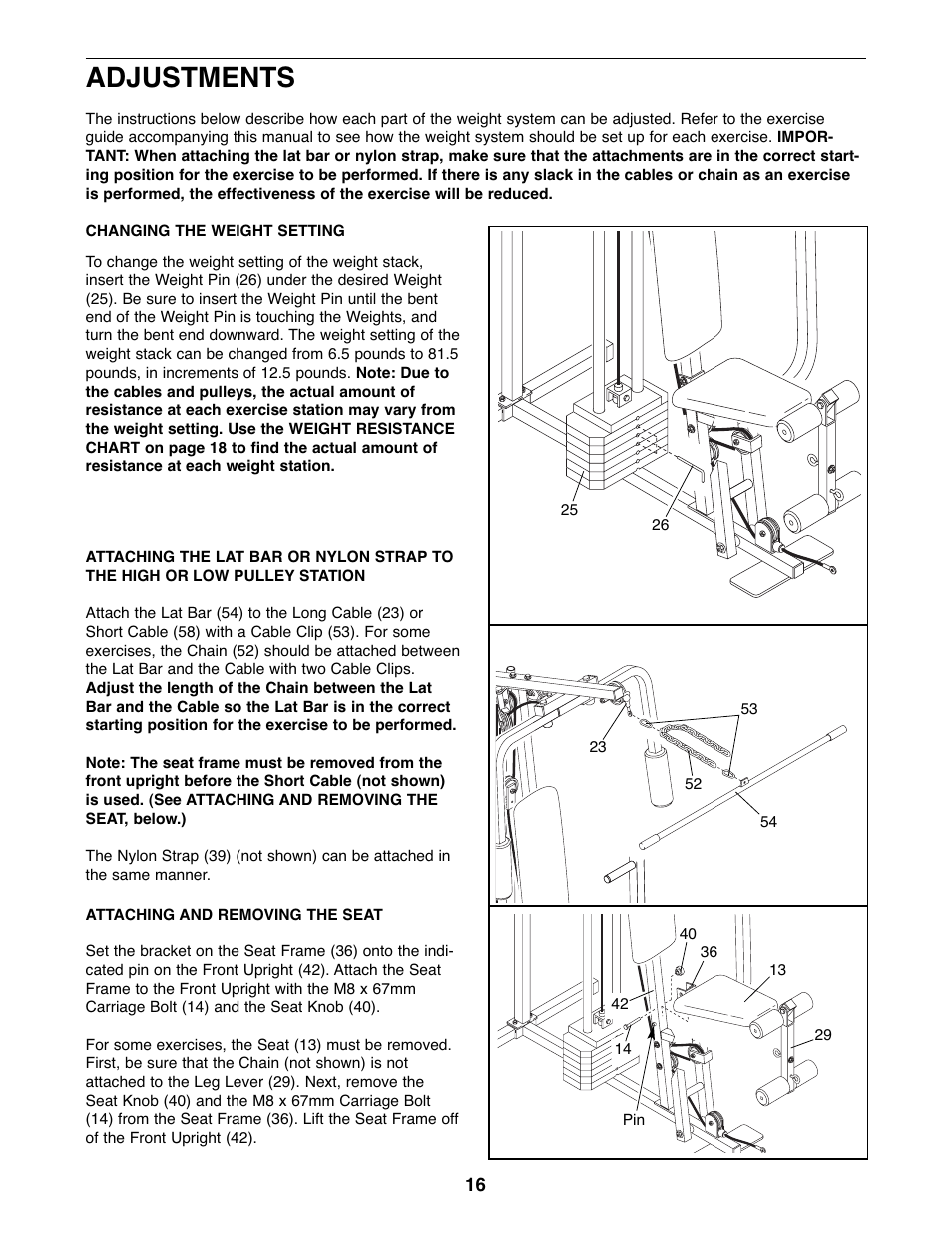 Adjustments | Weider WESY19511 User Manual | Page 16 / 28