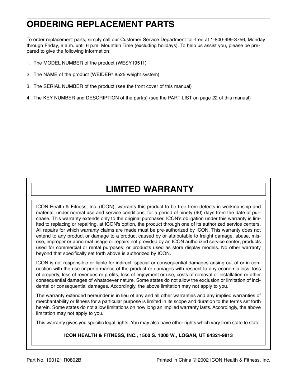 Ordering replacement parts, Limited warranty | Weider WESY19511 User Manual | Page 24 / 28