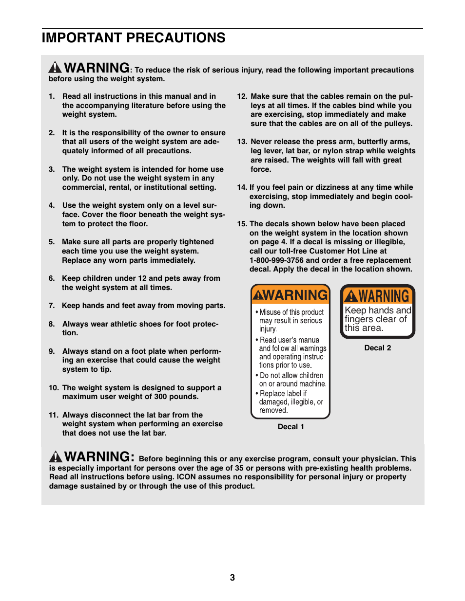 Warning, Important precautions warning | Weider WESY19511 User Manual | Page 3 / 28