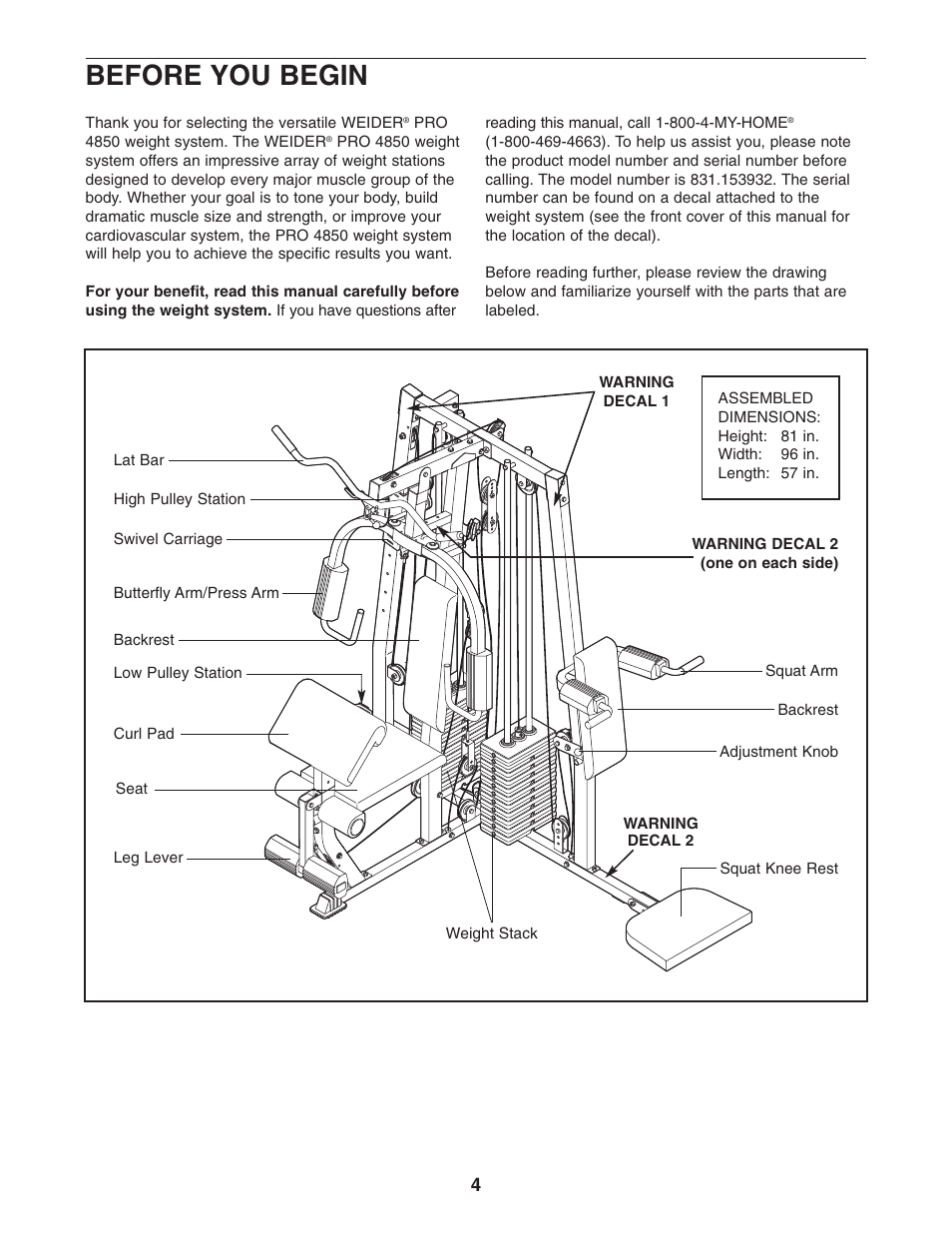 Before you begin | Weider Pro 4850 831.153932 User Manual | Page 4 / 33