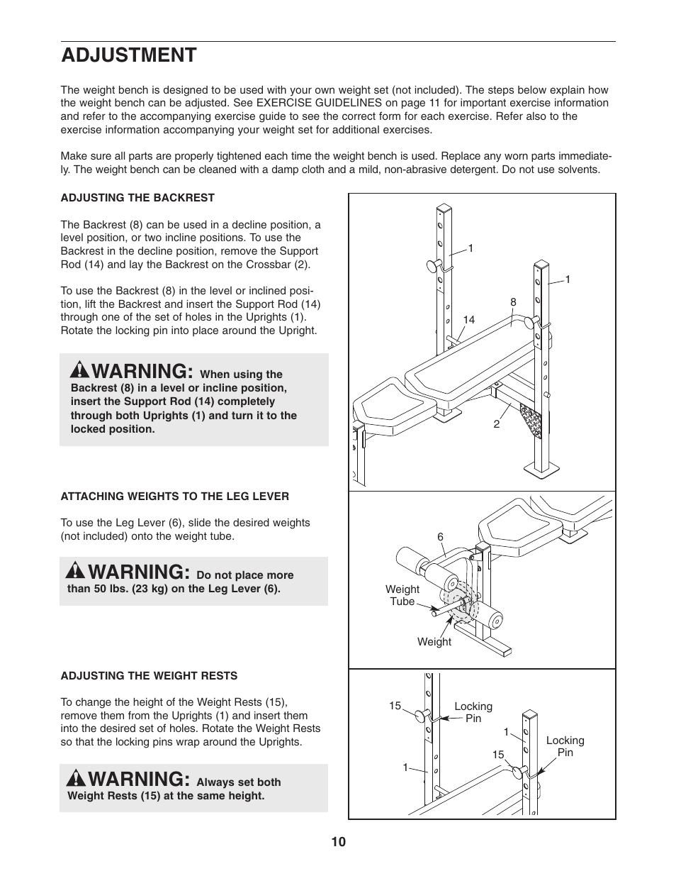 Warning, Adjustment | Weider PRO 250 831.15707.0 User Manual | Page 10 / 16