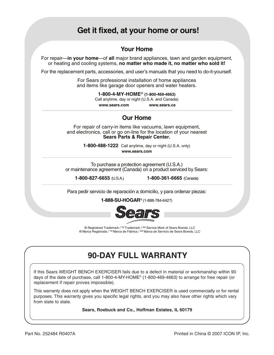Day full warranty, Get it fixed, at your home or ours, Your home | Our home | Weider PRO 250 831.15707.0 User Manual | Page 16 / 16