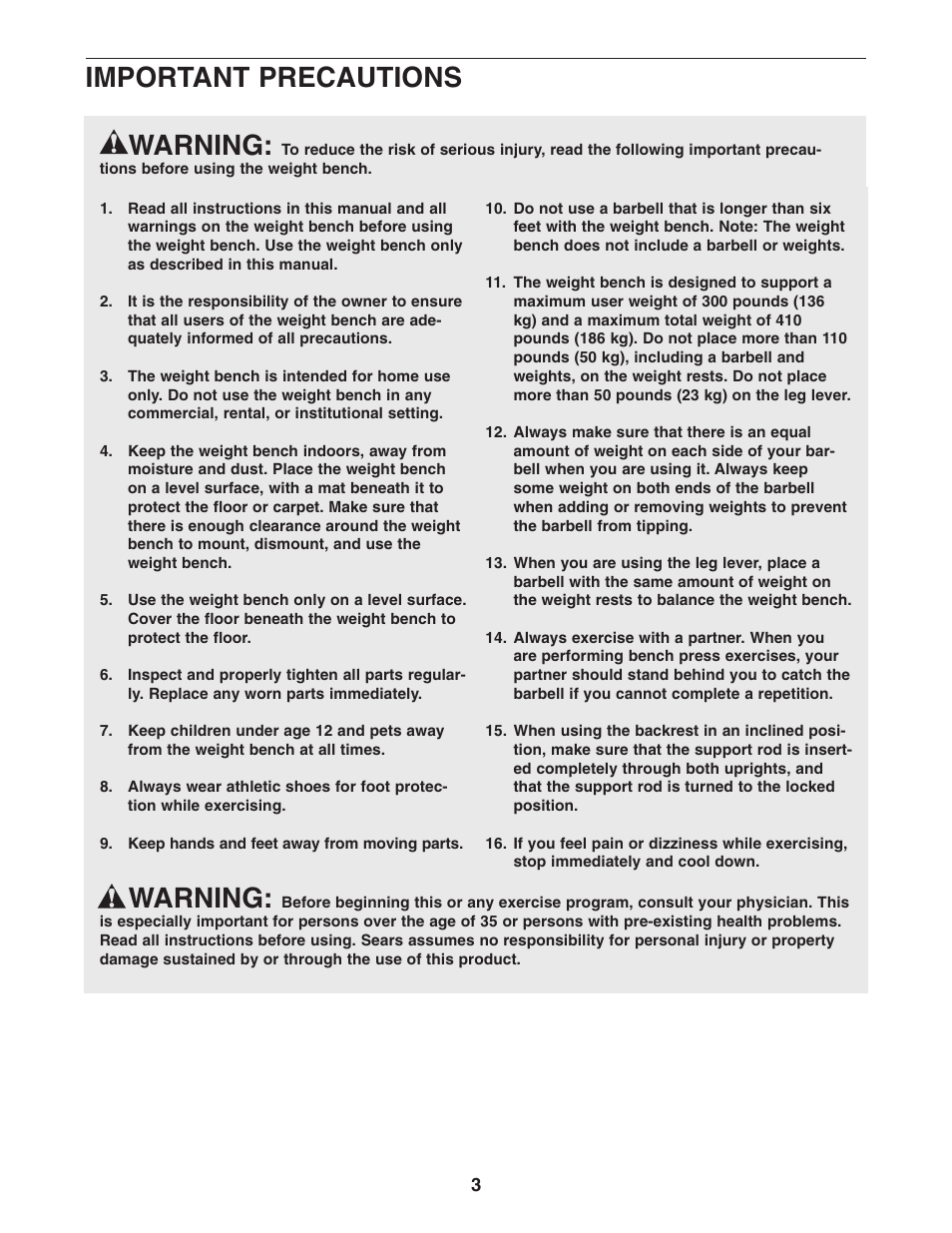 Warning, Important precautions | Weider PRO 250 831.15707.0 User Manual | Page 3 / 16