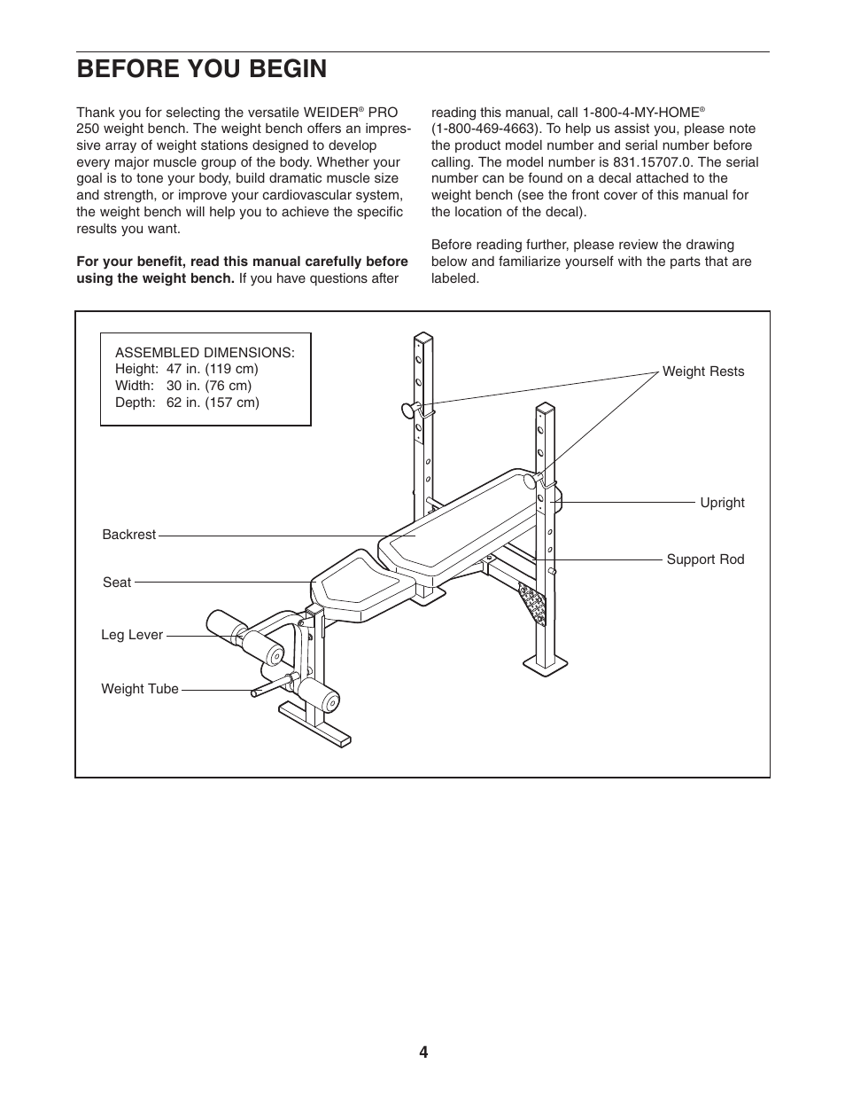 Before you begin | Weider PRO 250 831.15707.0 User Manual | Page 4 / 16