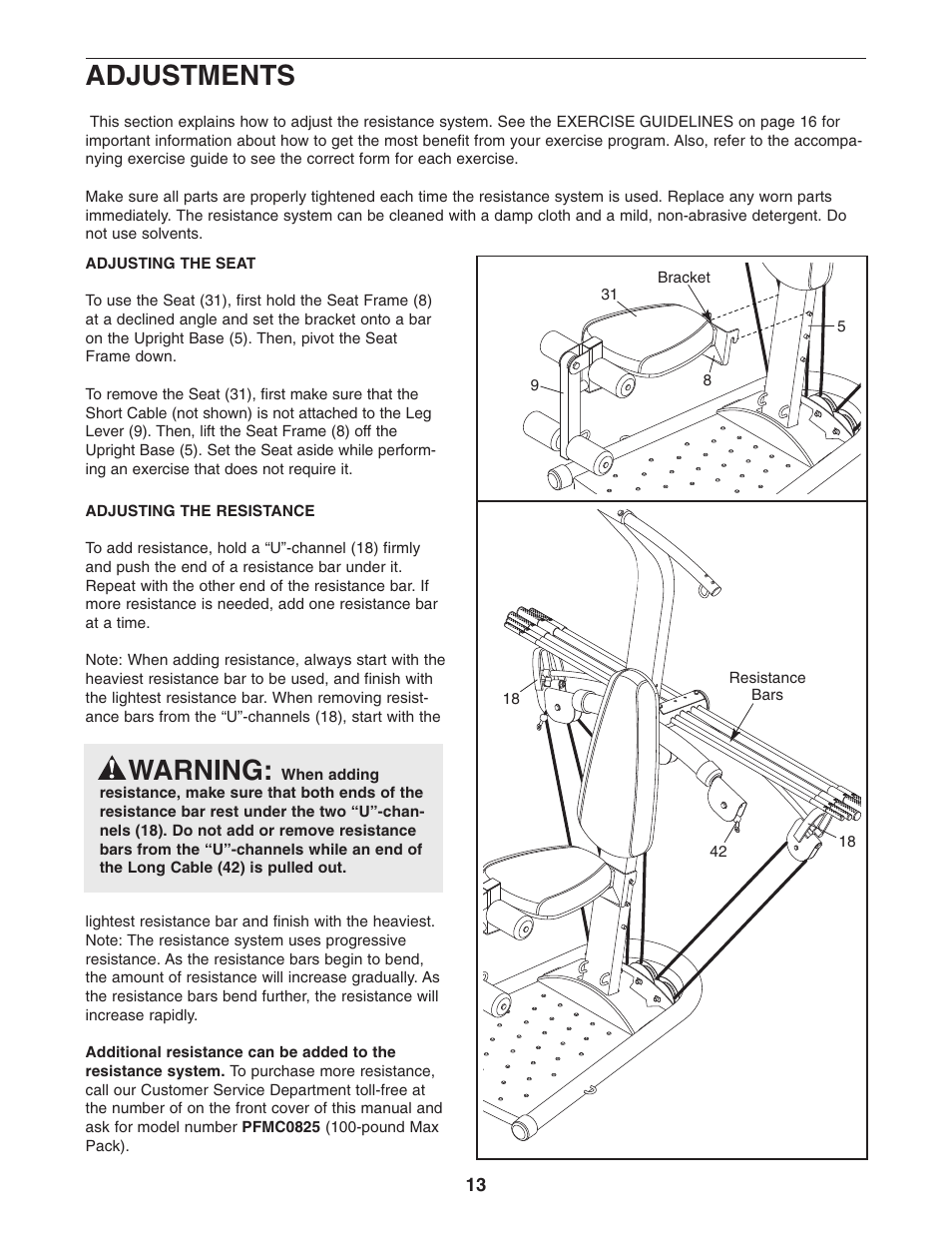 Adjustments, Warning | Weider WESY2966.0 User Manual | Page 13 / 20