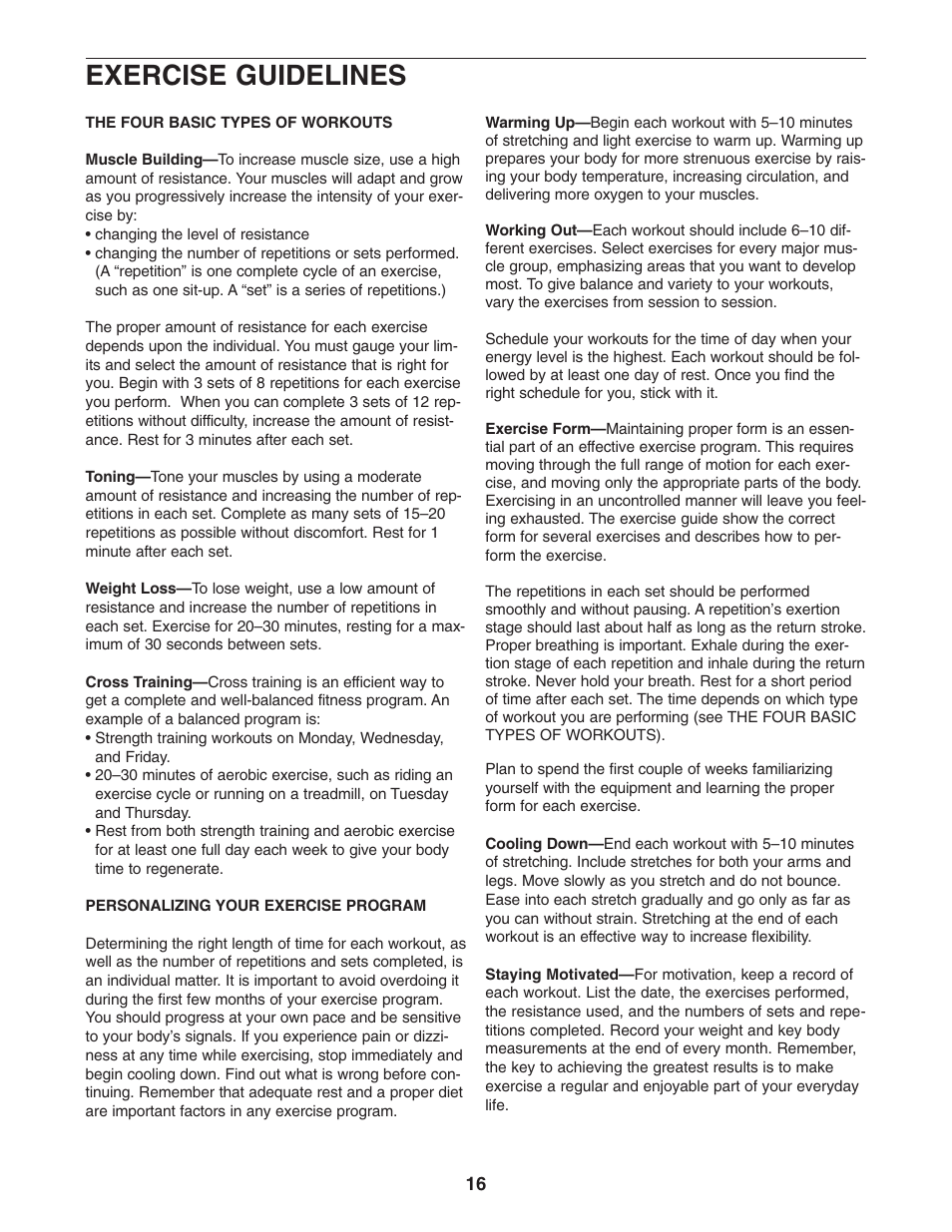 Exercise guidelines | Weider WESY2966.0 User Manual | Page 16 / 20