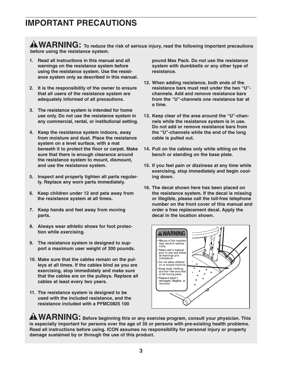 Warning, Important precautions | Weider WESY2966.0 User Manual | Page 3 / 20