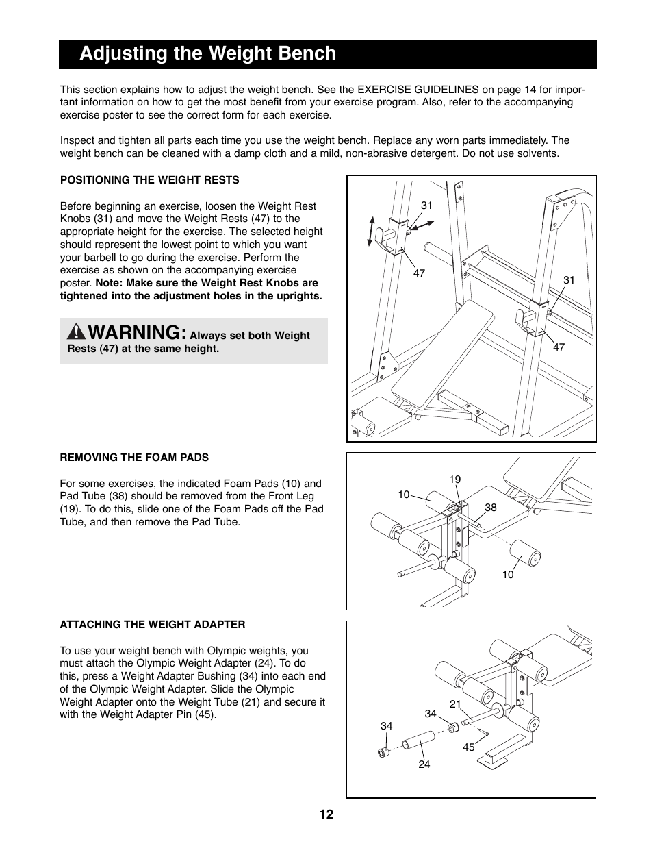 Adjusting the weight bench warning | Weider WEBE19200 User Manual | Page 12 / 19