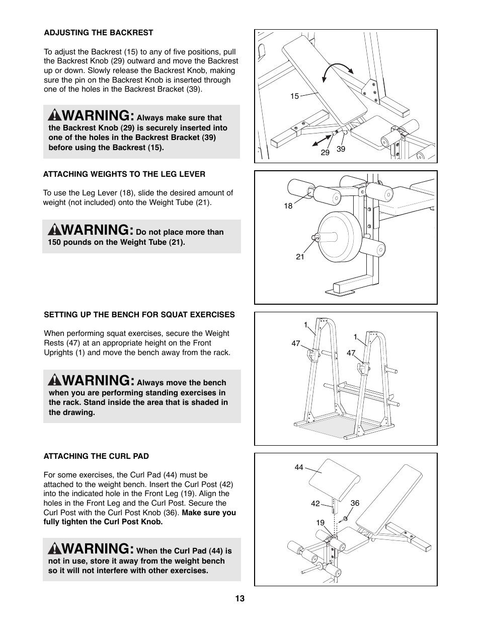 Warning | Weider WEBE19200 User Manual | Page 13 / 19
