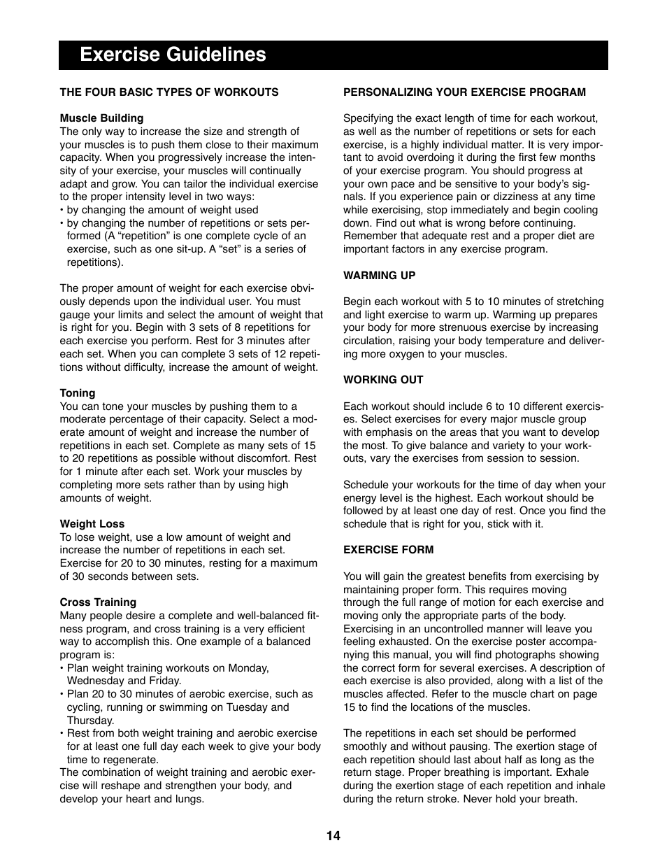 Exercise guidelines | Weider WEBE19200 User Manual | Page 14 / 19