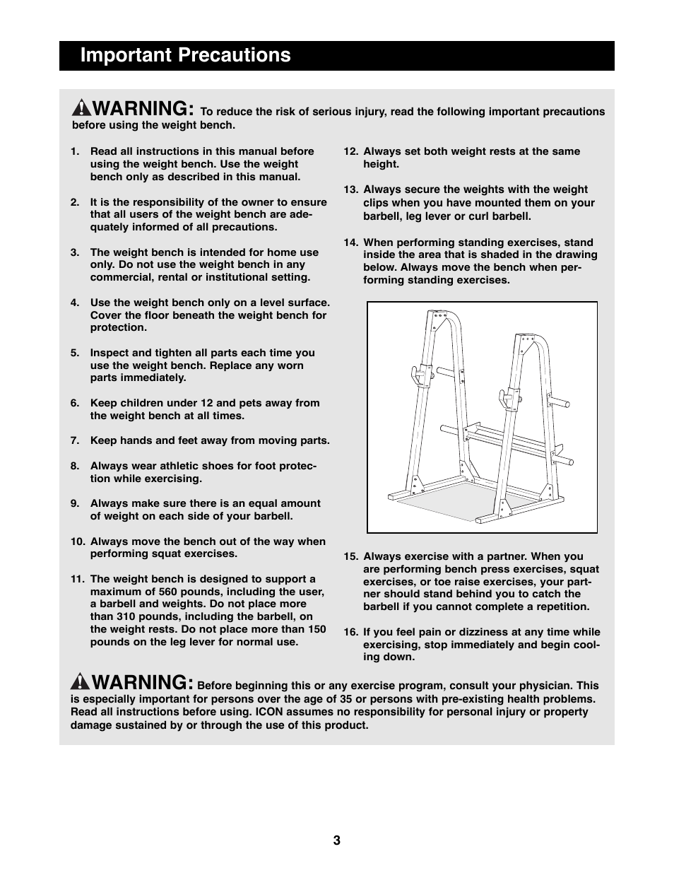 Important precautions warning, Warning | Weider WEBE19200 User Manual | Page 3 / 19