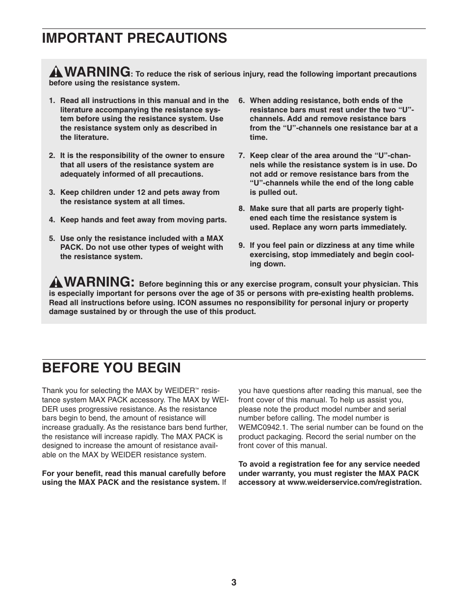 Warning, Important precautions, Before you begin | Weider WEMC0942.1 User Manual | Page 3 / 7